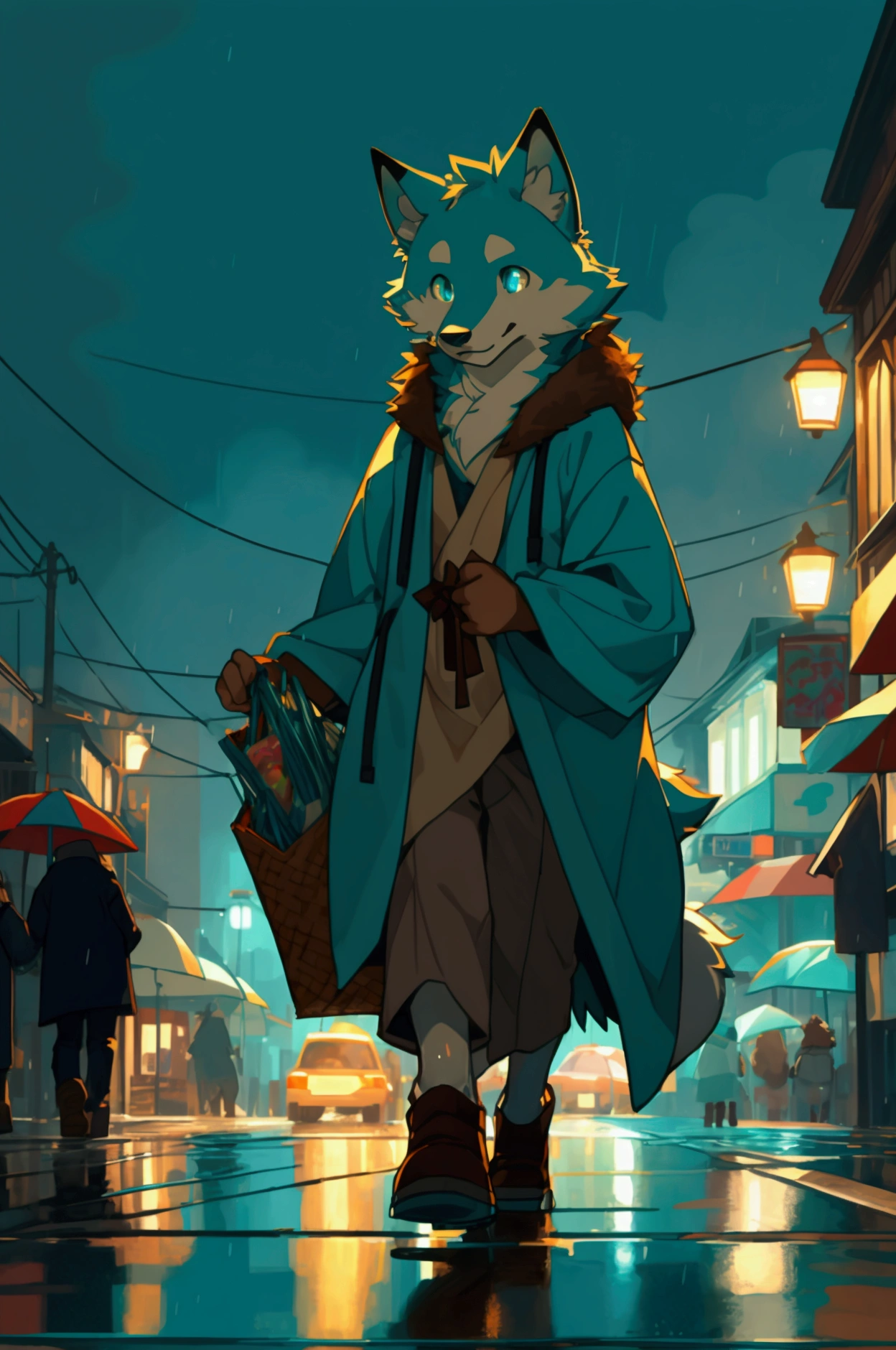 5'3, young anthropomorphic wolf, male, with brown fur, lighter muzzle and neck fur, teal to cyan gradient eyes, wearing a cyan or teal raincoat, holding groceries, walking across a wet road with city lights and small shops in the background, soft, cozy art style, neutral or content expression, in the rain, dynamic perspective,