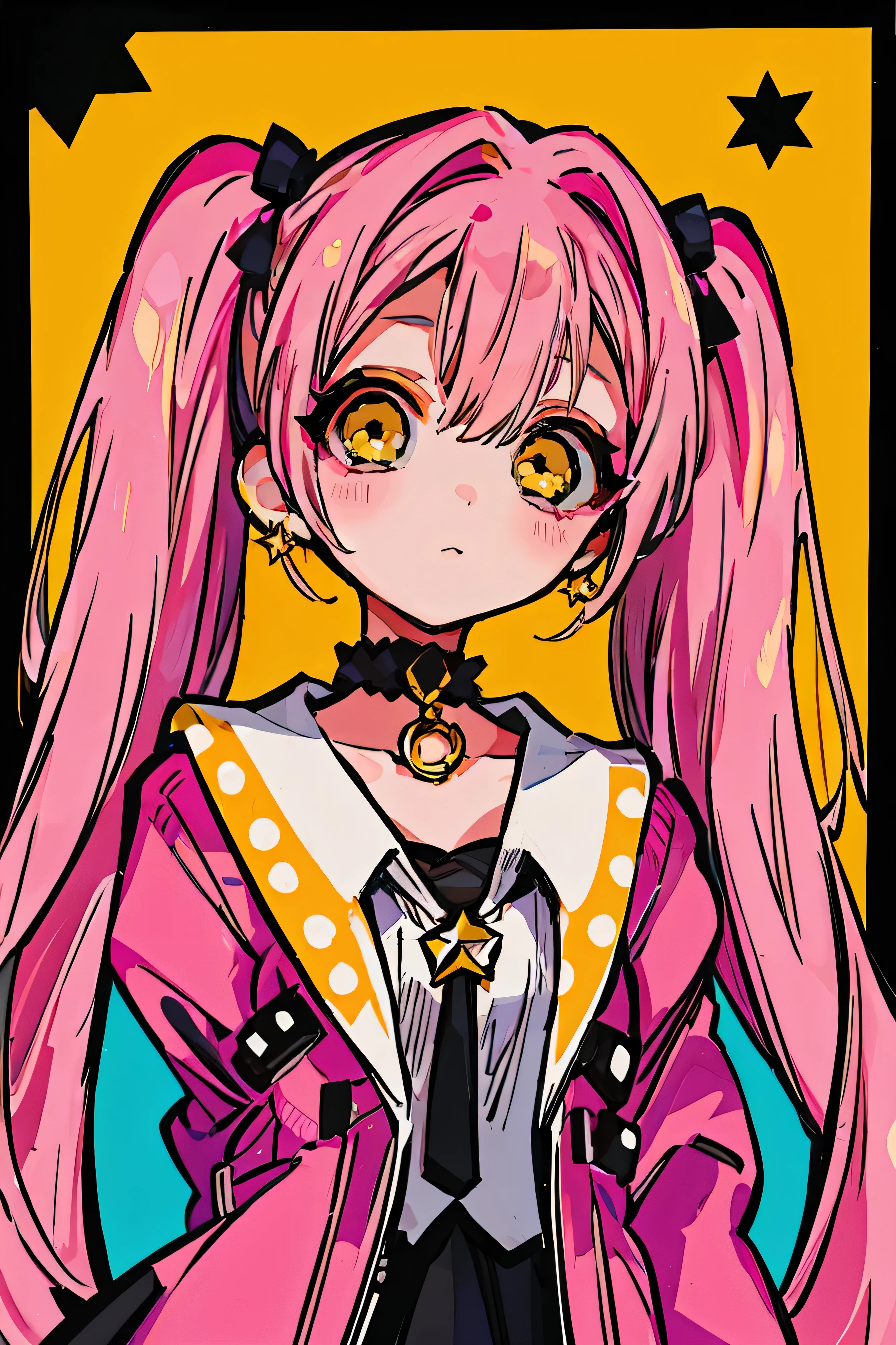 1 girl, yellow eyes, Twintails hair, long hair, pink hair, medium breast, medium ass, Bobby pins, choker, bored facial, star earrings