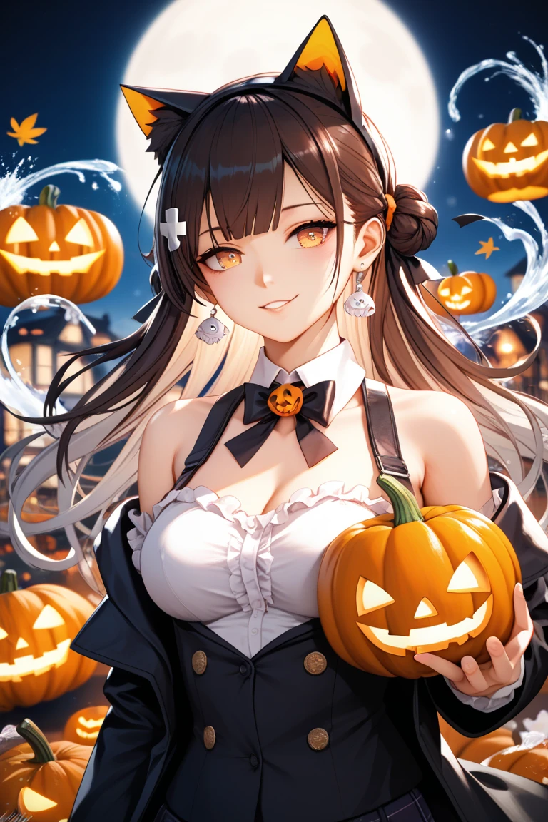 1lady standing, /(pirate costume hat/) disguise, /(brown hair/) bangs, blush kind smile, (masterpiece best quality:1.3) delicate illustration ultra-detailed , large breasts BREAK /(streets of Shibuya/) outdoors, jack-o'-lantern Halloween parade, crowded audience, night