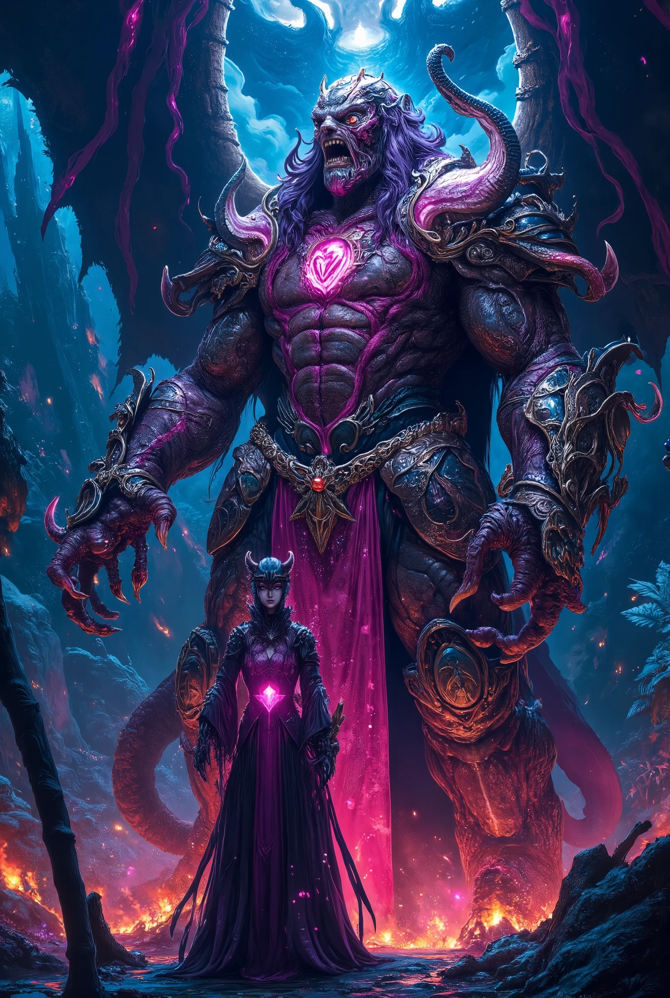 score_9, score_8_up, score_7_up, score_6_up, score_5_up, score_4_up, (best quality,4K,8k,highres,masterpiece:1.2), (super realistic photo:1.6), A neon-colored, mutant Grimm knight, stunning female, (Cthulhu Bishop:1.2), highly detailed, ultra-realistic, 8K, cinematic lighting, dramatic shadows, vibrant neon colors, glowing energy, intricate armor, twisted and distorted features, eldritch horror, dark fantasy, photorealistic