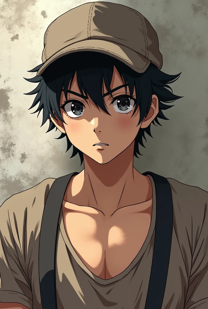 Generate the design of an anime male character with wavy black hair and beaten teenager full body in different poses 