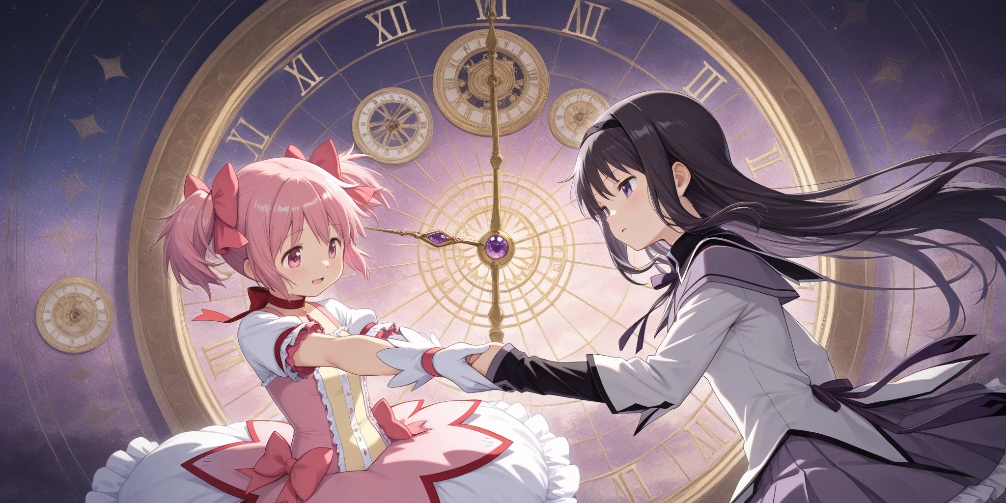 (solo:1.2),(2girls:1.5),(akemi_homura\(Puella Magi Madoka Magica,magical_girl,purple long hair,purple costume\) and kaname_madoka\(Puella Magi Madoka Magica,Magical_Girl,pink short twin tails,pink costume\) are holding hands:1.3),colorful and geometric and chaotic background of chaotic gothic shadow puppet castles,(in a very psychedelic nightmare),big clock motif at the center of background,. BREAK .quality\(8k,wallpaper of extremely detailed CG unit, high resolution, top-quality, top-quality real texture skin, hyper realistic, increase the resolution, RAW photos, best quality, highly detailed, the wallpaper, golden ratio, high saturation realism, vibrant colors, dramatic lighting, persuasive storytelling, atmospheric scenery, captivating visuals, intricate details, strong emotions, dreamlike world\).(long shot),wide shot,landscape,blured background,(art by Maurits Escher:1.3)