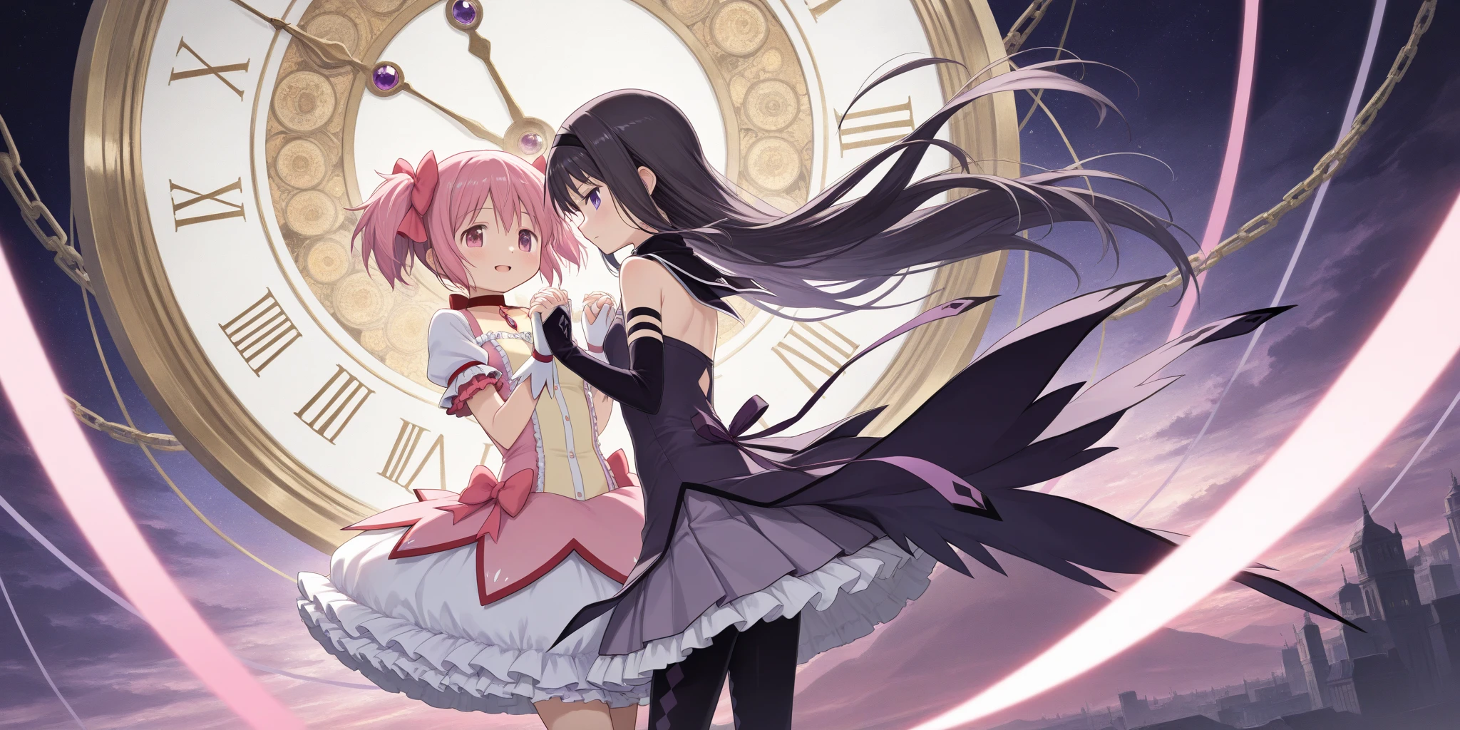 (solo:1.2),(2girls:1.5),(akemi_homura\(Puella Magi Madoka Magica,magical_girl,purple long hair,purple costume\) and kaname_madoka\(Puella Magi Madoka Magica,Magical_Girl,pink short twin tails,pink costume\) are holding hands:1.3),colorful and geometric and chaotic background of chaotic gothic shadow puppet castles,(in a very psychedelic nightmare),big clock motif at the center of background,. BREAK .quality\(8k,wallpaper of extremely detailed CG unit, high resolution, top-quality, top-quality real texture skin, hyper realistic, increase the resolution, RAW photos, best quality, highly detailed, the wallpaper, golden ratio, high saturation realism, vibrant colors, dramatic lighting, persuasive storytelling, atmospheric scenery, captivating visuals, intricate details, strong emotions, dreamlike world\).(long shot),wide shot,landscape,blured background,(art by Maurits Escher:1.3)