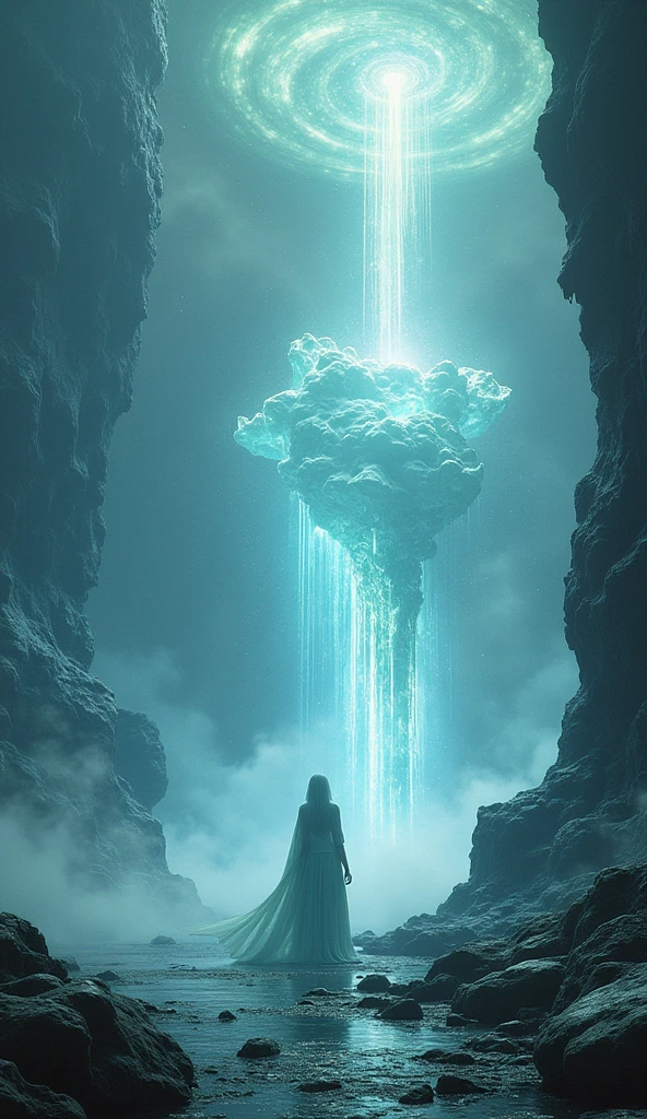 Elfa 23 years old, sexy, 5 dedos cada mano, Barefoot, suspended in thin robes of white hair and hooded arms raised above a broken earth Bright lava light from beneath the asteroid field (rocas dentada claras, rocas y escombros disparados al aire: 1.3) (Tormenta de escombros de polvo ventoso: 1.1) volumetric fog mist ray tracing z pass bright light from below, (obra maestra) (mejor calidad) (detallado) (8k) (cinematography lighting) (foco nítido) (intrincado)