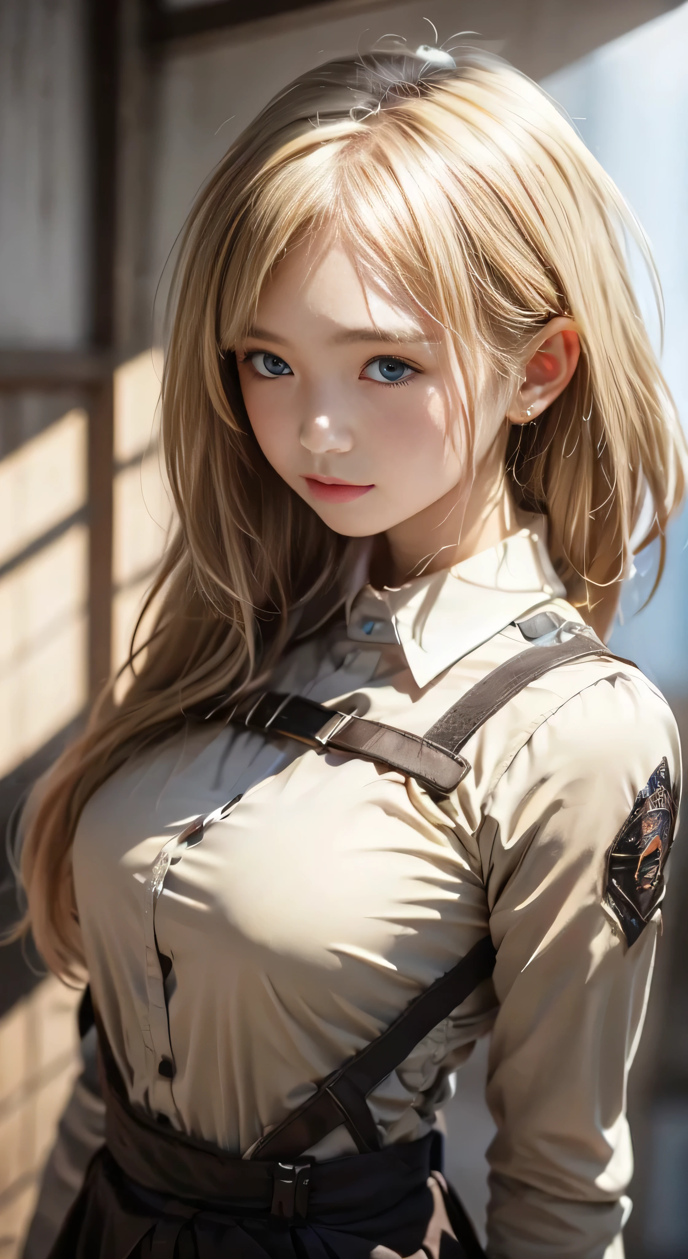 shinny skin、breastsout、high detailing、超A high resolution、(Photorealsitic)  (Twin-tailed hairstyle)、a blond、military outfits、Military、Cool、 beautidful eyes、Exposing breasts、blue eyess、Colossal tits、both hands behind head、soldier、camouflage uniform、A large number of soldiers behind