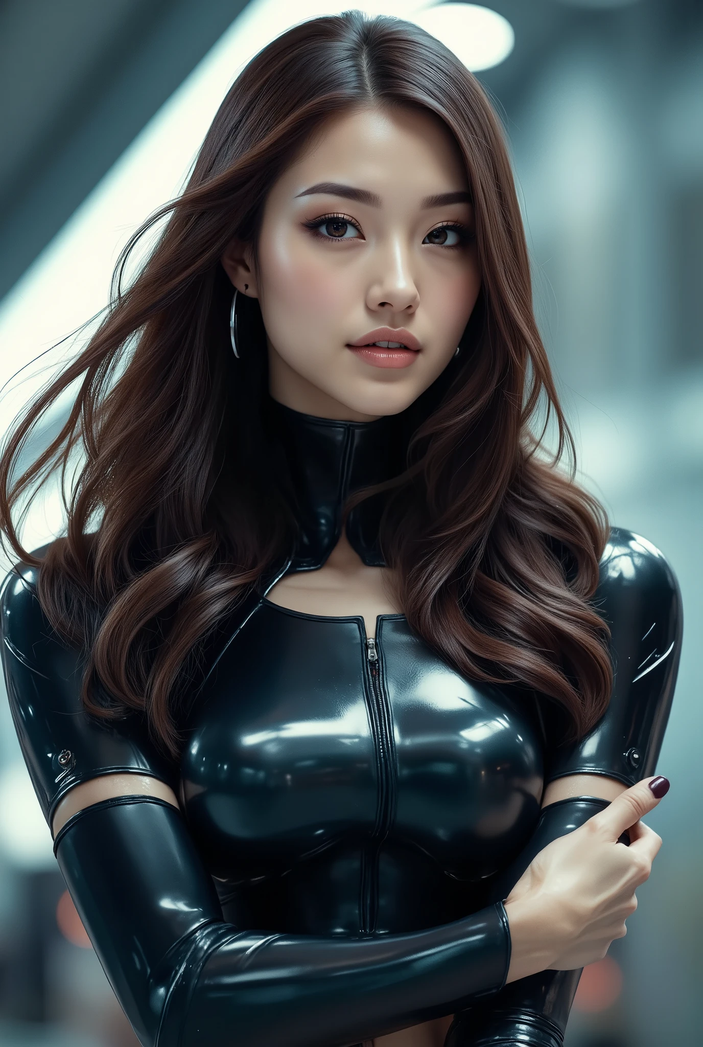 score_9, score_8_up, score_7_up, score_6_up, score_5_up, score_4_up, (best quality,4K,8k,highres,masterpiece:1.2), (super realistic photo:1.6), A photorealistic portrait of an AI entity with human-like form, smooth natural skin, long flowing hair, sharp eyes, slim upturned nose, well-defined lips, hourglass figure, wearing typical attire and makeup, extremely detailed, vibrant, amazing, smooth, cinematic, 4K, backlit, deep depth of field