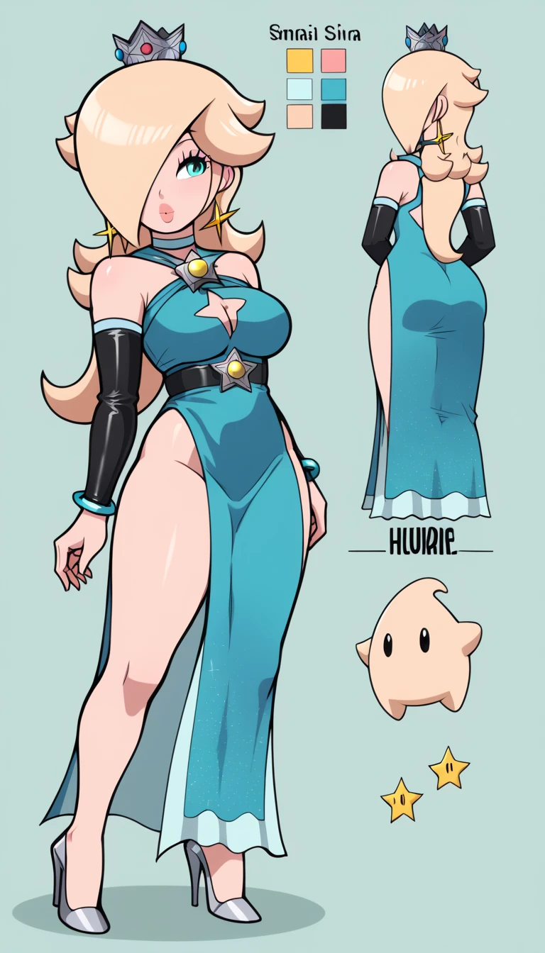 score_9, score_8_up, score_7_up, 1 girl,  rosalina from súper mario lore, (rosalina, RslnSND, hair over one eye, crown, blue dress, bare shoulders, side slit, bracelet, clothing cutout, choker, cleavage cutout, pelvic curtain, high heels, full body, hotel lobby, shiny dress ), flirt, gaze, sexy look, half-closed eyes, (full bodies in view), perfect proportions, simple background. standing,  belt bondage, bound arms, arms behind back, tight mask, black mask, (armbinder: 1.4), ((charactersheet, reference sheet, multiple views)), ((character design sheet, same character, front, side, back)), (leather mask), complete body .