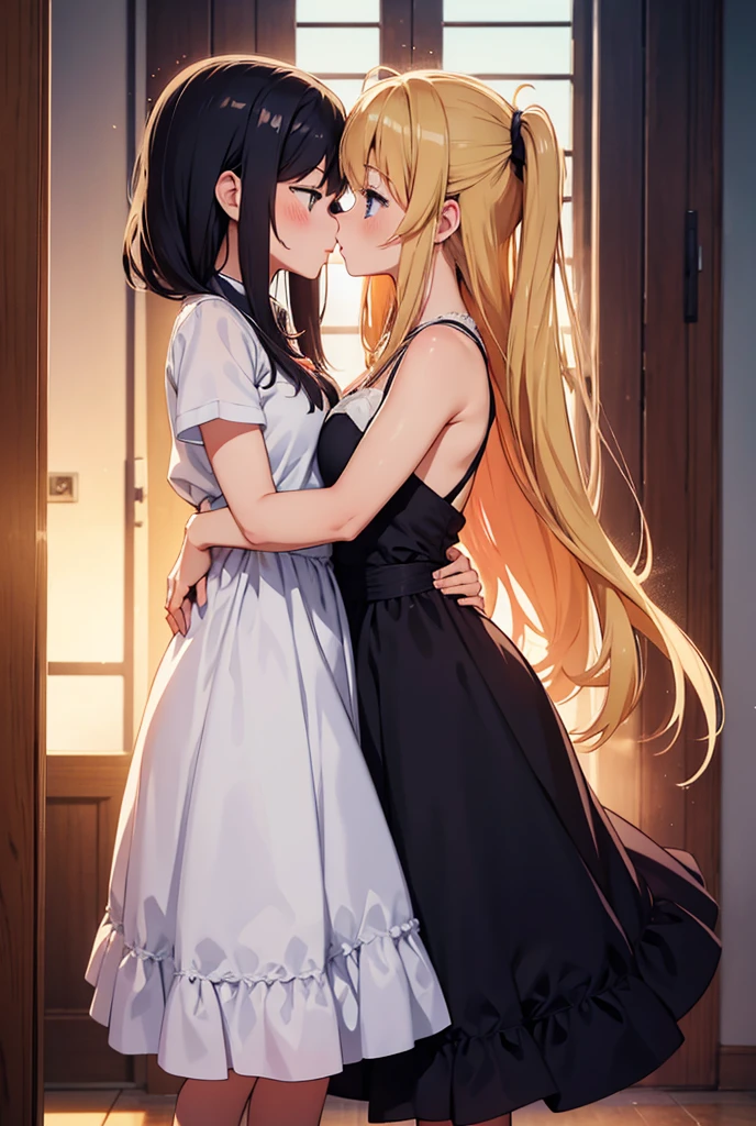 Two Women,Alpha ,Long blonde,gamma,Long Black Hair,((Touching the chest)), ((dress))),Big Breasts, kiss, (adult), (Elf)
 ((My crotch is wet)),Love Hotel,My crotch is wet,Are standing,(masterpiece:1.2), High resolution, Highest quality, 8k,