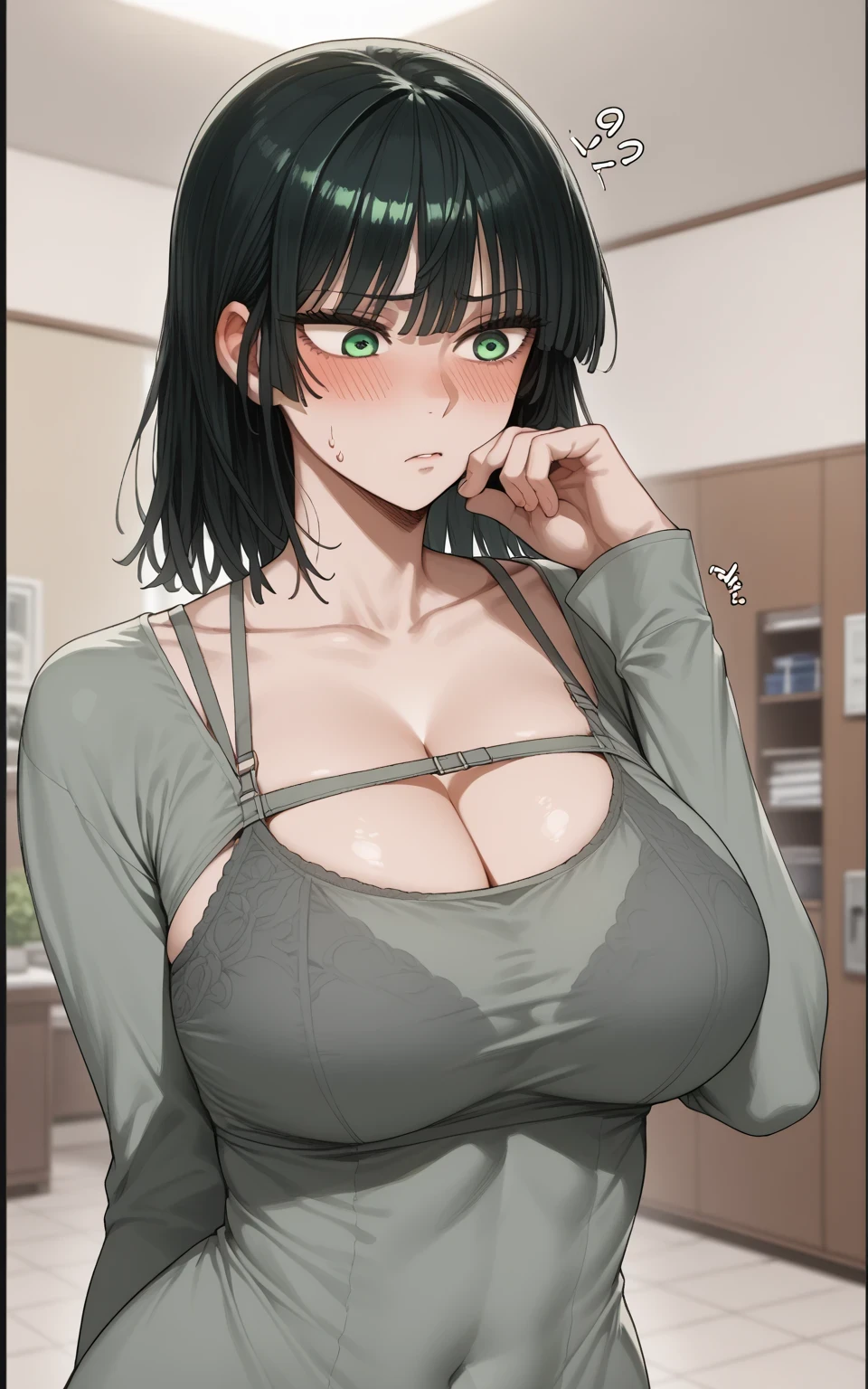 score_9, score_8_up, score_7_up, source_anime, BREAK 1girl, EPopmFubuki, black hair, short hair, green eyes, large breast, 
 1girl, breasts, solo, blush, cleavage, large_breasts, korean_text, bangs, indoors, medium_hair, long_sleeves, tiles, collarbone, dress, grey_dress, bra_strap, green_hair, grey_eyes, covered_navel, english_text, grey_shirt, green_eyes