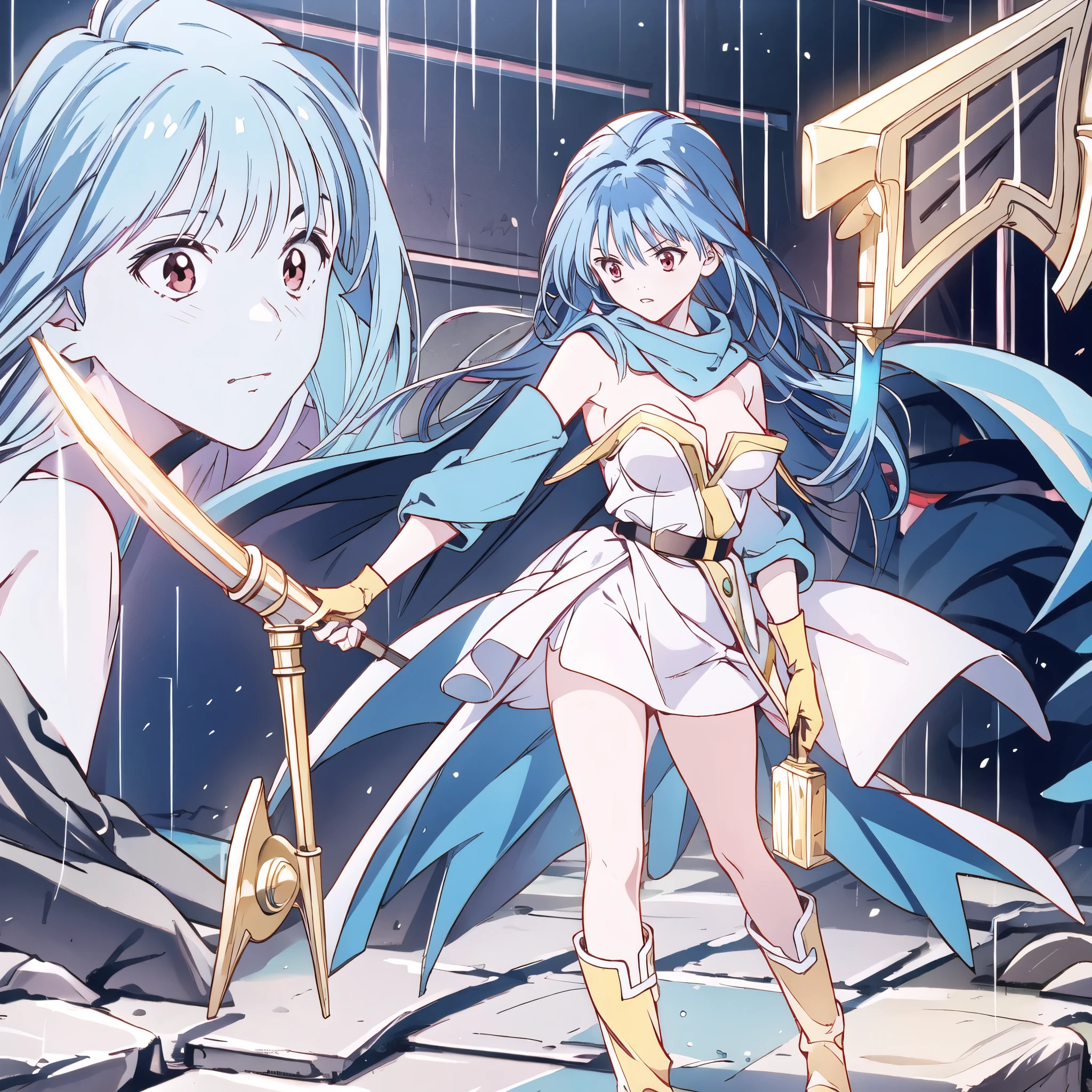  top quality, ,_(dq3),  one girl , (holding staff, staff:1.3), Alone,  long hair,  blue hair,  circlets, red eyes, Normal Breasts, YELLOW GLOVES , white dress,  belt bag , Cape,  long boots,  clevis on a stone,  shoulder out, underwear,  standing with different breasts , whole body, Grassland, Wind lift,  background:temple, white、 sexy、 Big Breasts 、 juicy thighs、 cute face、 magic before the Ice Castle、 slime 、 fighting monsters 、Battle、brilliantly、 My hair flutters brilliantly in the wind、Gurren Lagann、Dragonic Aura、