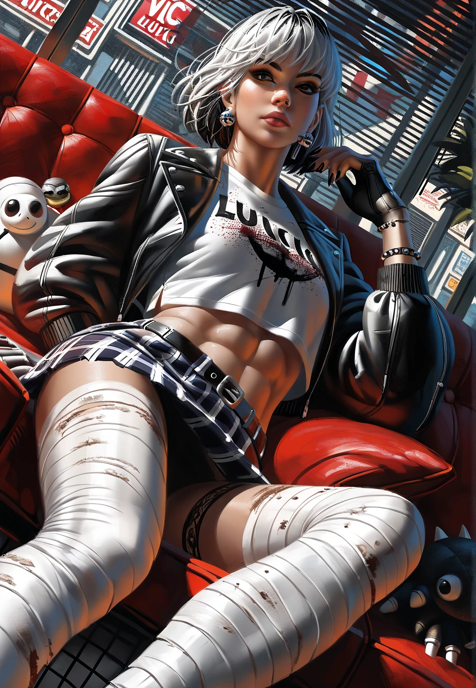 Teenager, ,epic, ,Fit to resolution,sce to size,full image,GUWEIZ ARTWORK ,head to uper legs, Lucia and from gta 6 , couch ,she is wearing a red and black turtle neck with abs showing,long sleeves, A black checkered school skirt, black hair with some white tips ,black and white hair,Goth metal ,with short hair ,beautiful, vibrant , (Getting ready)sitting up straight ,, normal angle , Close-up ,vice city ,Miami