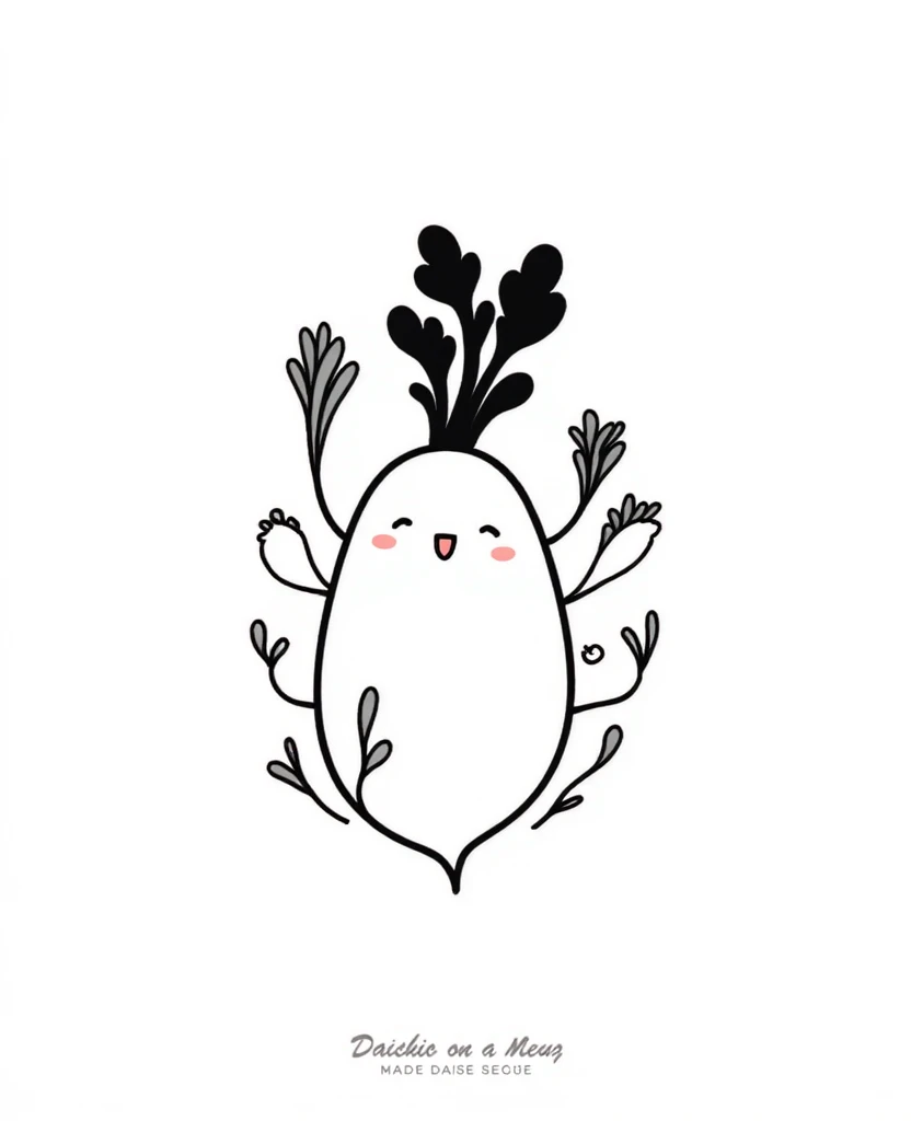 A logo of a daikon and anime-style plants and the entire logo is black and white with little pots around it 