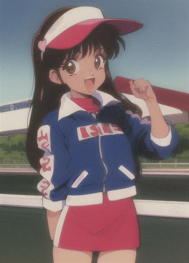 Asusdol,  1 girl, Alone,  visor cap, heart,  hair ornament,  jacket,  dress, open mouth, 1990s ( style for stilets), looking at viewer, smile,  outdoor, null,  Cowboy Shot ,  clevis cut out,  race queen 