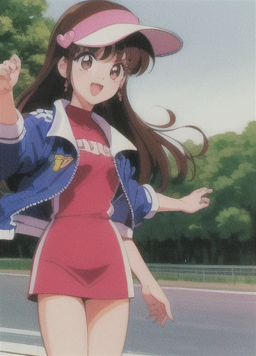 asusugodr, 1girl, solo, visor cap, heart, hair ornament, jacket, dress, pantyhose, retro artstyle, open mouth, looking at viewer, smile, outdoors, sky, cowboy shot, cleavage cutout, race queen ,White underwear, Panty shot