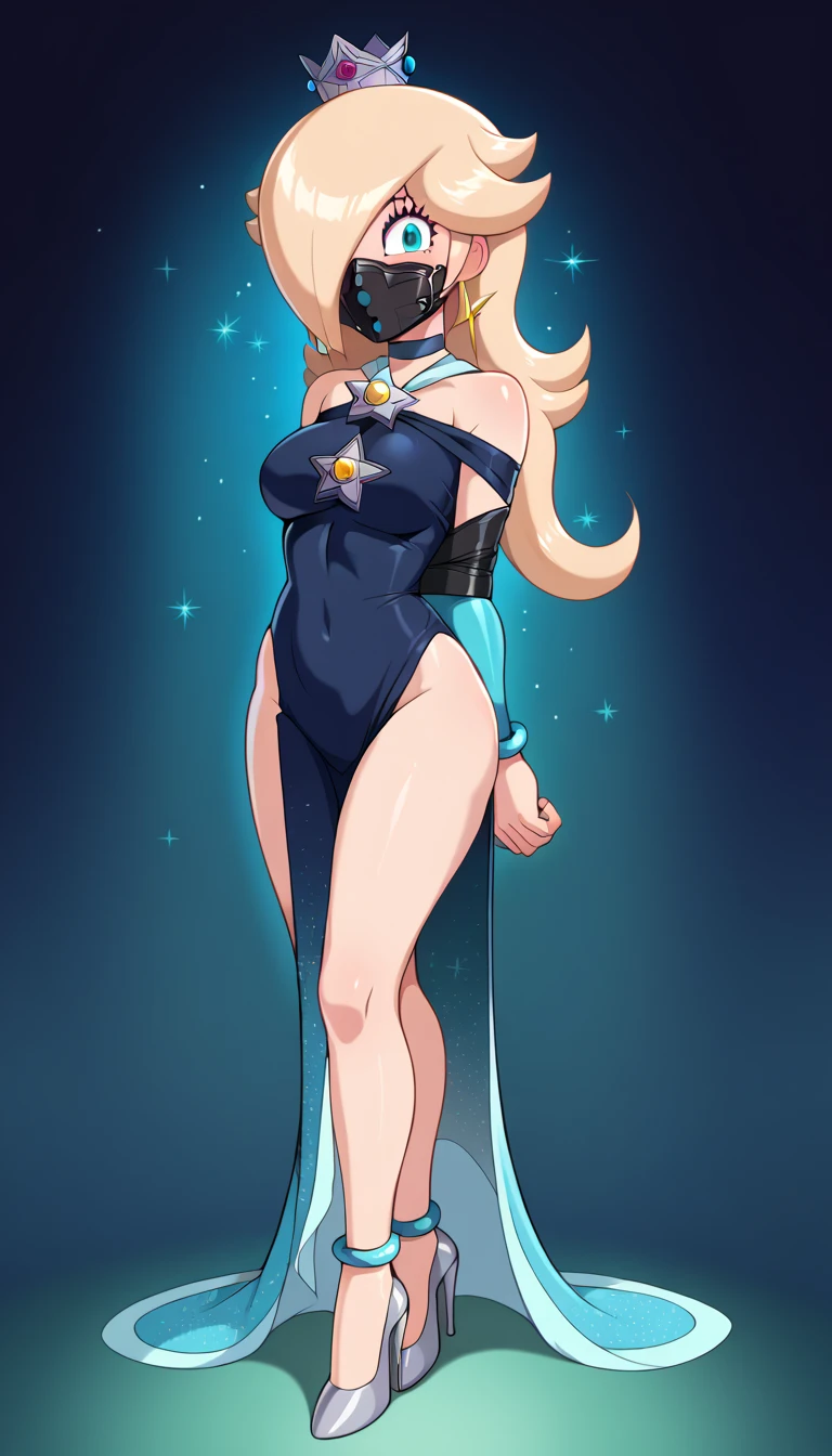 score_9, score_8_up, score_7_up, source_anime, 1girl, Rosalina, RslnSND, hair over one eye, crown, dark blue dress, bare shoulders, side slit, bracelet, clothing cutout, choker, cleavage cutout, pelvic curtain, high heels, full body, hotel lobby, shiny dress. solo, complete body view, looking at viewer, stand up, standing, from front, Open eyes, scared, front view, complete body view, (arms behind the back:1.3), (arms tied with armbinder), tight rubber mask, black tight mask, wrapped tight mask, tight black mask.