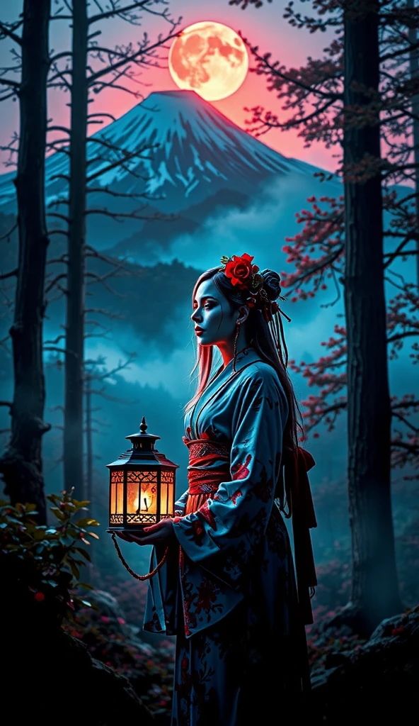 "A dense forest shrouded in mist at the foot of Mount Fuji, with an eerie red moon casting a faint light through the towering trees. An eerie female ghost in a traditional Japanese kimono holds a dim lantern and behind her a female ghost in a white funeral kimono floats silently in Behind them Their pale faces were contorted with anger, their mouths unnaturally widened, letting out soundless screams emerged from the tree trunks, glowing faintly in the background moonlight, and faint blood splatters in the air added fear. Ultra-realistic 3D cinematic style with high detail and a frightening, immersive atmosphere."