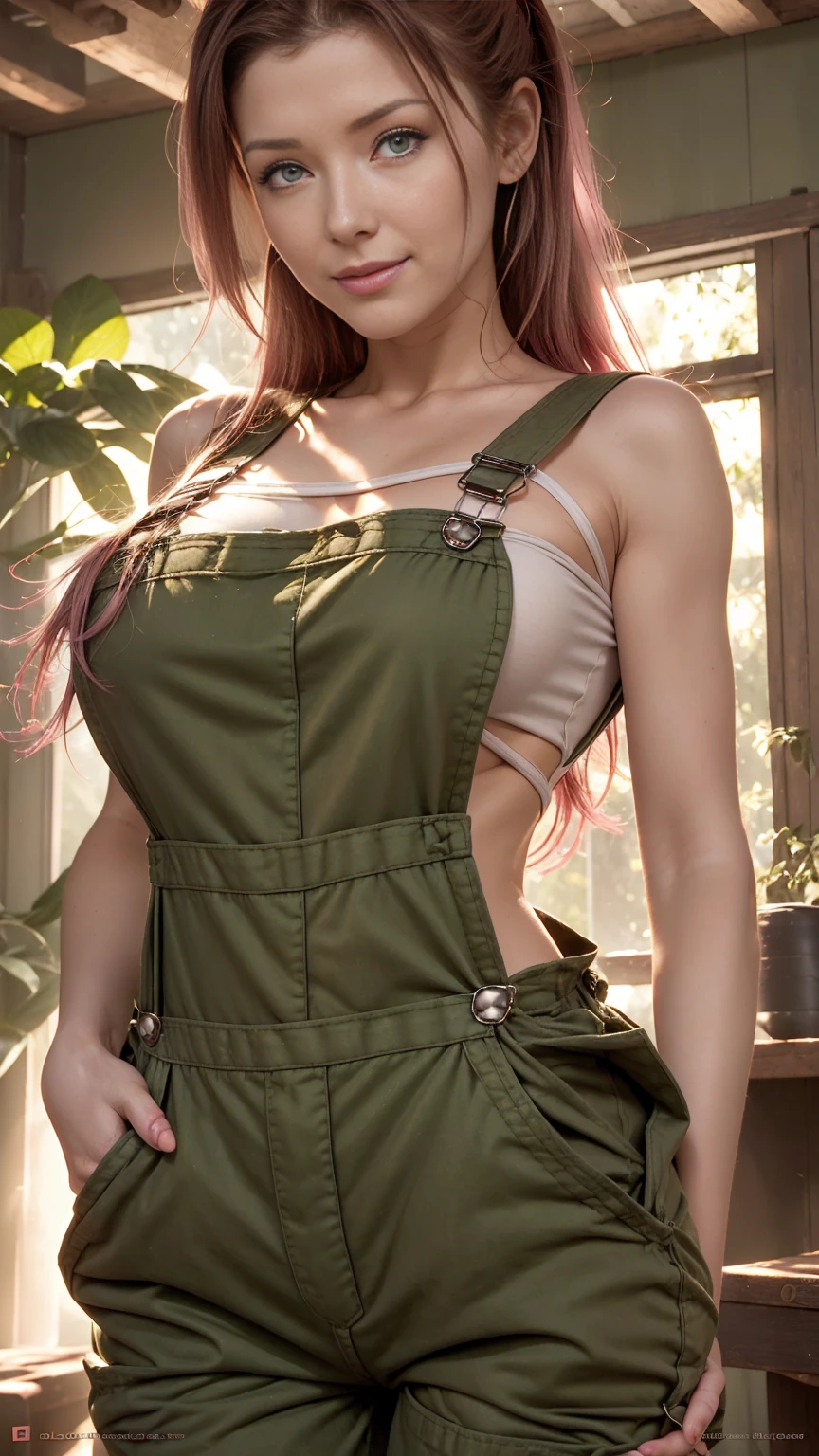 ((1girl)), Jewel Staite as Kaylee from Firefly, ((undone olive green overalls)), ((short pink crop top)), ((long brunette hair)), perfect breasts, sexy pose, thin and skinny, toned body, smile, spaceship engine