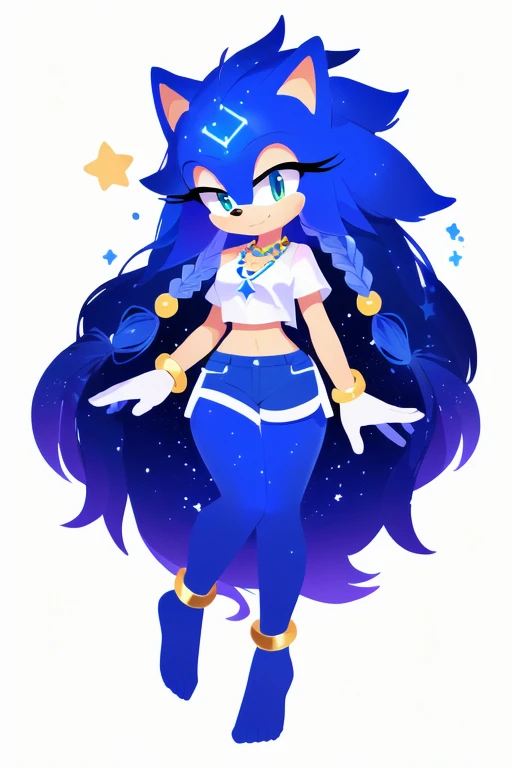 Sonic oc, Mobian, female, Cosmic hedgehog, A beautiful light blue hedgehog, purplish blue eyes, very long hair/quills, braided and beaded long hair bangs, long streaks of hair on each side of her face, (star constellation on hair, beads on hair, smooth fur, slim thick hourglass body, slim fit, white cropped shirt, blue shorts, ankle bracelet on both legs, no footwear, star marks on legs glowing, flowing hair,