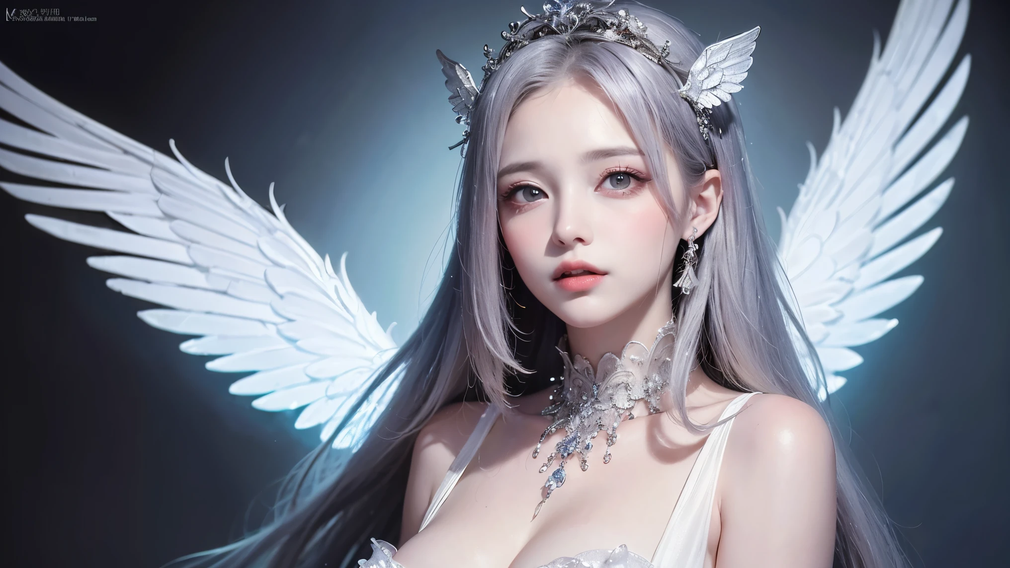 ((nood)), ((tmasterpiece)), (A detailed), seductive succubus, ethereal beauty, Perching on the clouds, (fantasy illustrations:1.3), a captivating gaze, enchanting posture, Delicate wings, Otherworldly charm, mystical sky, (By Luis Royo:1.2), (Yoshitaka Amano:1.1), Moon Night, PastelColors, (Detailed Cloud View:1.3), (hight resolution:1.2),up close shot,up close shot,Black eyes,Detailed beautiful eyes,angelicales,one white winged