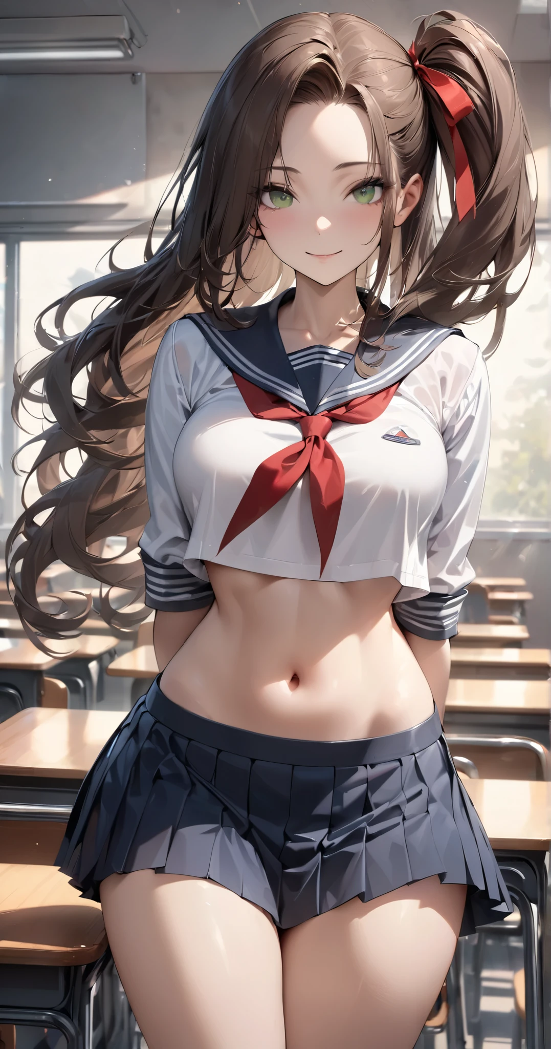 masterpiece, best quality,amazing quality, semi-realistic detailed CG, ultra-detailed, Sharp Focus, 1girl, JK, detailed face, detailed green eyes, slightly smile, detailed semi-long hair, dark brown silky hair, forehead, sliced back hair, side ponytail, contrapposto, hands behind back, navel, Captivating thighs, knee, classroom, (sheer crop top white shirt), sailor suit, pleated skirt, red ribbon tie