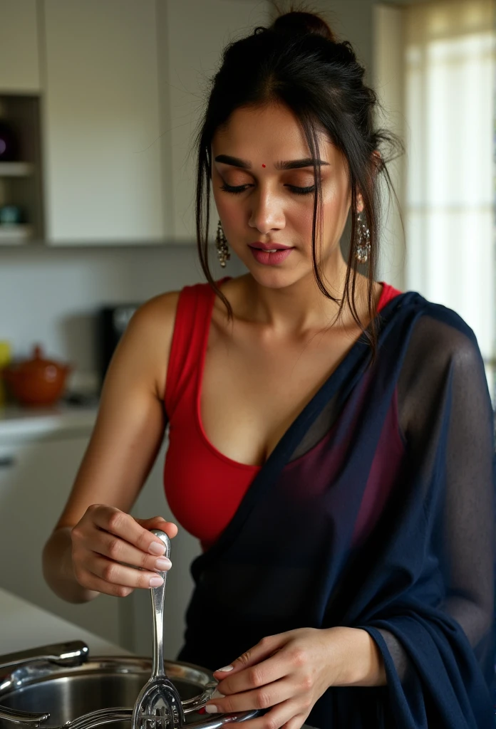 indian woman is cleaning cutleries in kitchen, she is wearing dark blue transparent saree on a bright red blouse, sari is off her shoulder, cleavage seen, her blouse is a sheer red blouse. simple hair, her nipples are seen, nsfw only, she is sweating heavily, sweat droplets are visible on her body, tight breasts, tight fit blouse