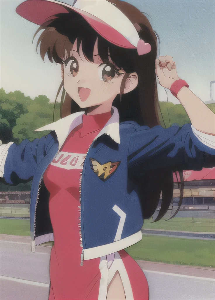 Asusdol,  1 girl, Alone,  visor cap, heart,  hair ornament,  jacket,  dress, open mouth, 1990s ( style for stilets), looking at viewer, smile,  outdoor, null,  Cowboy Shot ,  clevis cut out,  race queen 