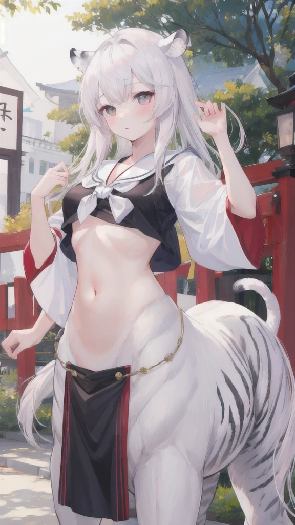 (best quality, masterpiece), 1 girl, centaur, It takes, White skin, Japanese , exposing the abdomen,belly button t-shirt, 아름다운 소녀 perfect white tiger photo, perfect white tiger photo