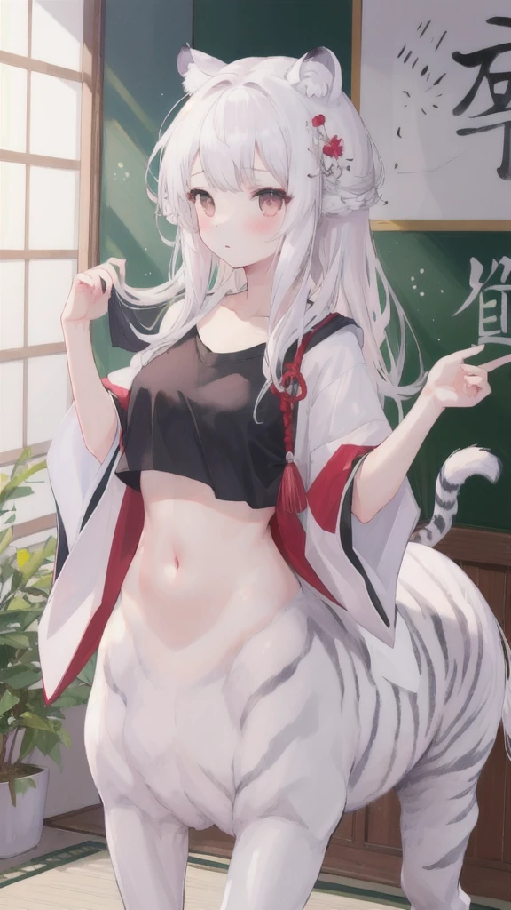 (best quality, masterpiece), 1 girl, centaur, I beg, White skin, Japanese schoolgirl,daughter,black pink, exposing the abdomen, belly button t-shirt , beautiful girl perfect, White tiger photo, 완벽한 White tiger photo