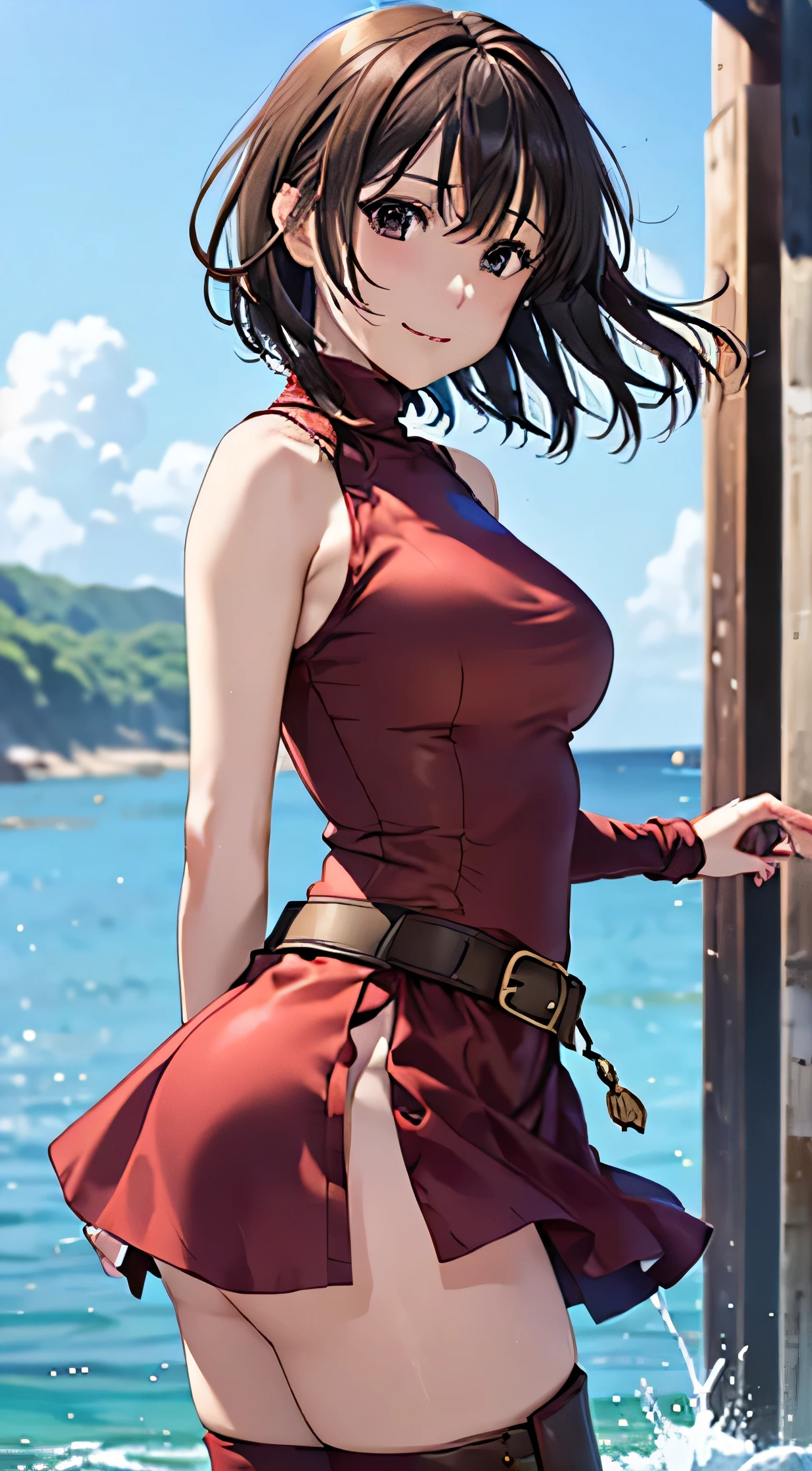 (( , top quality, , pixel perfect, 4K,))), 1 Woman , 、 (( short wave hair、 dark brown hair )), (( brown eyes , Beautiful eyelashes , realistic eyes)), (( detailed face , )), (( smooth texture:0.75, realistic texture:0.65, realistic :1.1, anime CG style)), small bust facing upward , dynamic angle , perfect body , (( , ,, Gold Shoulder Armor ,,, , Sleeveless Turtleneck Red Dress , red flared skirt , Knee High Boots ,Arm guard , belt)), Golden Hair Ornament 、 cross necklace 、 Sexy Poses 、 very cute smile, staring upwards 、、 style、 the wind is blowing 、 pink panties visible 、 buttocks are visible、、、、)、 Beach with a view of the castle 、 beautiful ocean、 pour water with both hands 、 lean forward with your butt sticking out