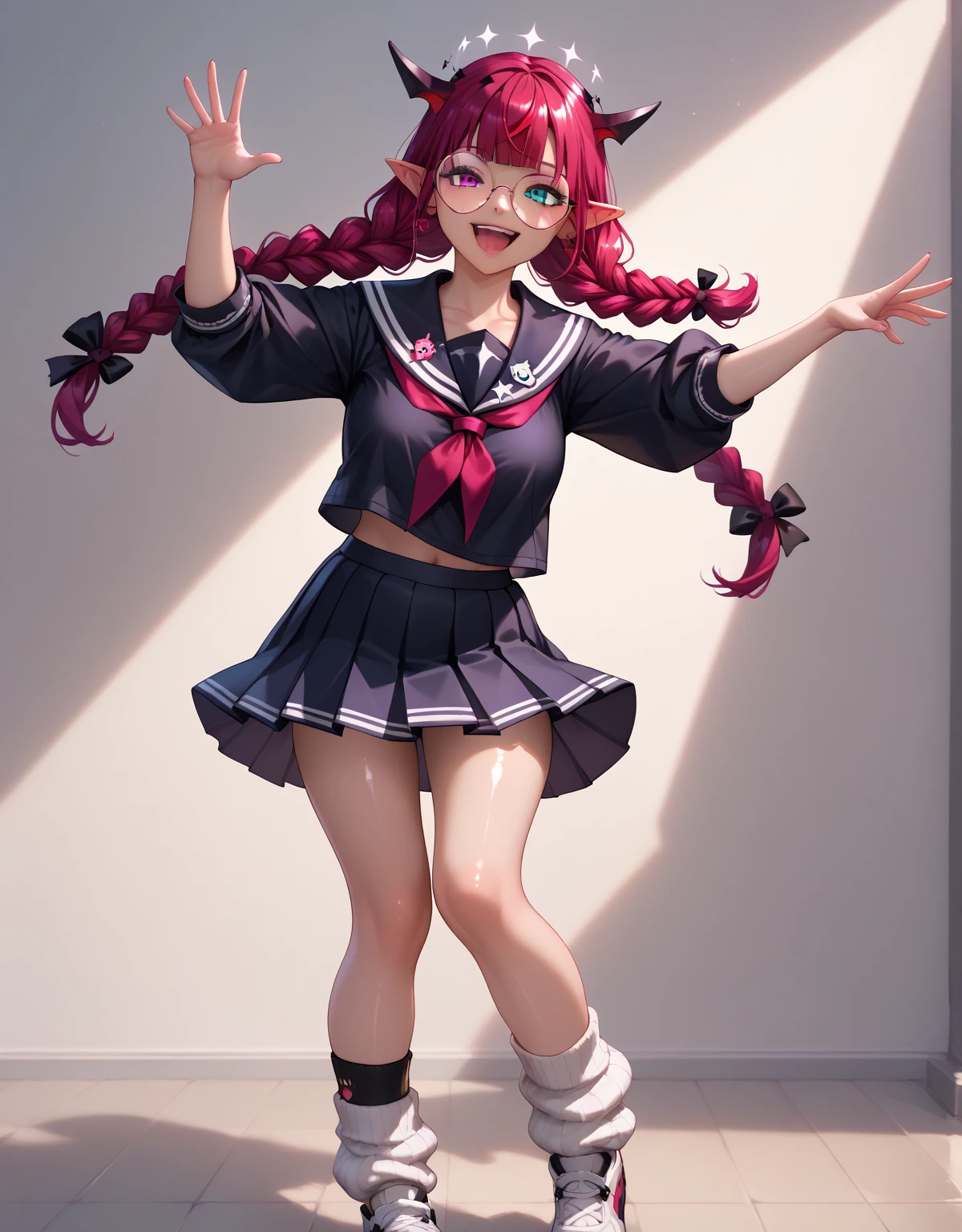 IrysSchool, heterochromia, purple eye, blue eye, twin braids, long hair, round eyewear, black serafuku, red neckerchief, black skirt, loose socks, good anatomy, shiny skin, two arms, two legs, laugh, dynamic pose, (looking at viewer), Shiny, skin,