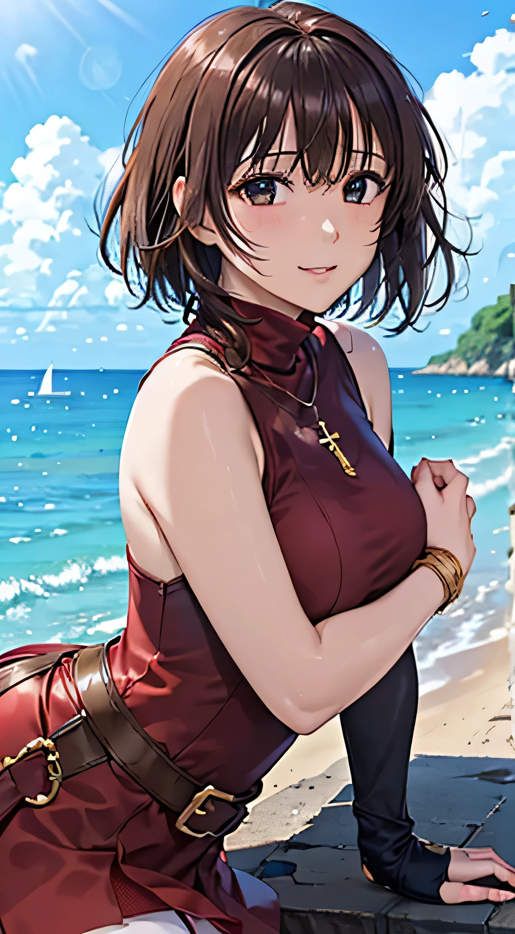 Highest quality, masterpiece, Ultra-high resolution, (Realistic:1.4), RAW Photos, Intricate details, Big beautiful eyes, Perfect contours, masterpiece, One Girl, ((Junior high school student)), Braided Bob, (aerial view:2), (perky breasts:1.5, high breasts:1.5), (curvy waist:1.5), Competitive swimmer, (one piece:1.5, turtleneck,Sleeveless swimsuit, Sandals), ((Ruby red swimsuit:1.5)), tight high leg swimsuit:1.4, ((shoot from behind:2, looking away:2)), Portraiture, ((Standing on the edge of a cliff:1.5, Hesitant to jump:1.5, Incredibly high sheer cliffs:1.5, Stand at the highest point overlooking the surrounding area, peer down the cliff:1.5)), (Anxious expression、His mouth is twitching with fear), Wet Skin, (Underarm)