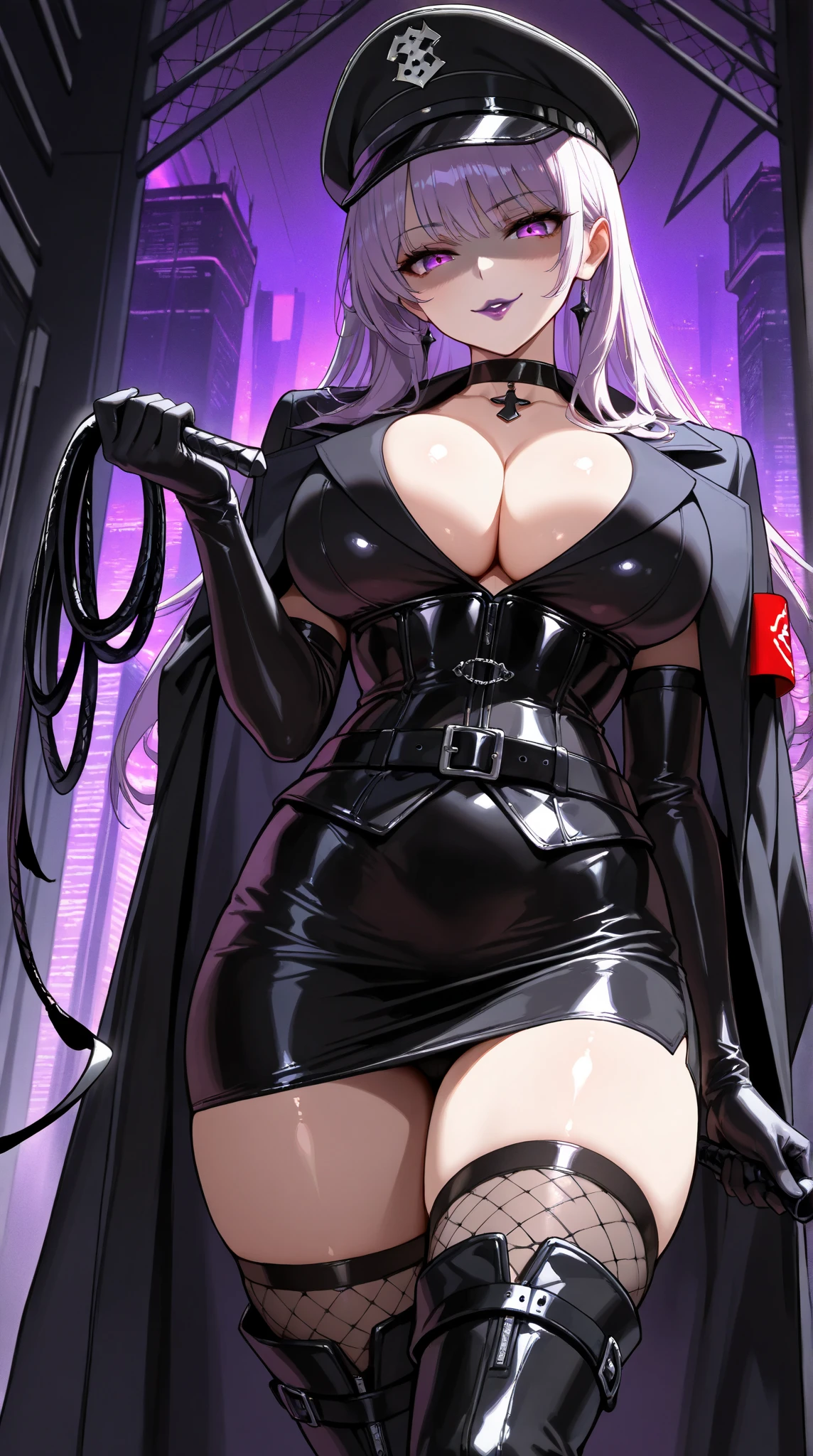  Young Beautiful Woman,(masterpiece, top quality, very detailed depiction, Incredibly Absurd High Definition ,Curvaceous Body,Beautiful legs,High quality skin),(Female executive of an evil organization:1.3),( Shiny Black Bondage Corset with Intricate Structures:1.3,Black Latex Tight Skirt :1.3, body net stockings,military hat,Military cloak,Black leather belt, long gloves, leather choker, black tights, leather thigh-high boots),(Purple Eyes, big breasts, bewitching smile,Shiny purple lips,Shadowed face,Seductive gestures, holding a whip in her hand :1.2), Cowboy Shot ,background:Secret Base, focus on their faces