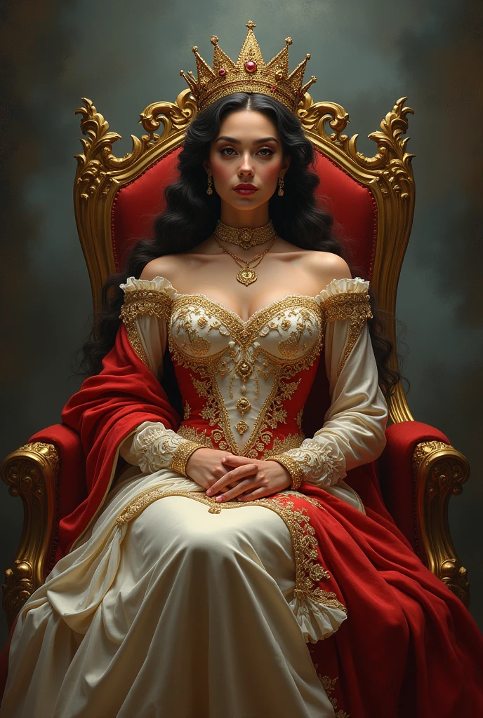 ((Photorealistic, Ultra HD, Highest Quality, best lighting)) A queen of a medieval village in her throne room with her queen's clothes, she has a warrior's body, light blue eyes, and long black hair with a braid, she wears a golden crown with precious stone detailing, her breasts are full and large