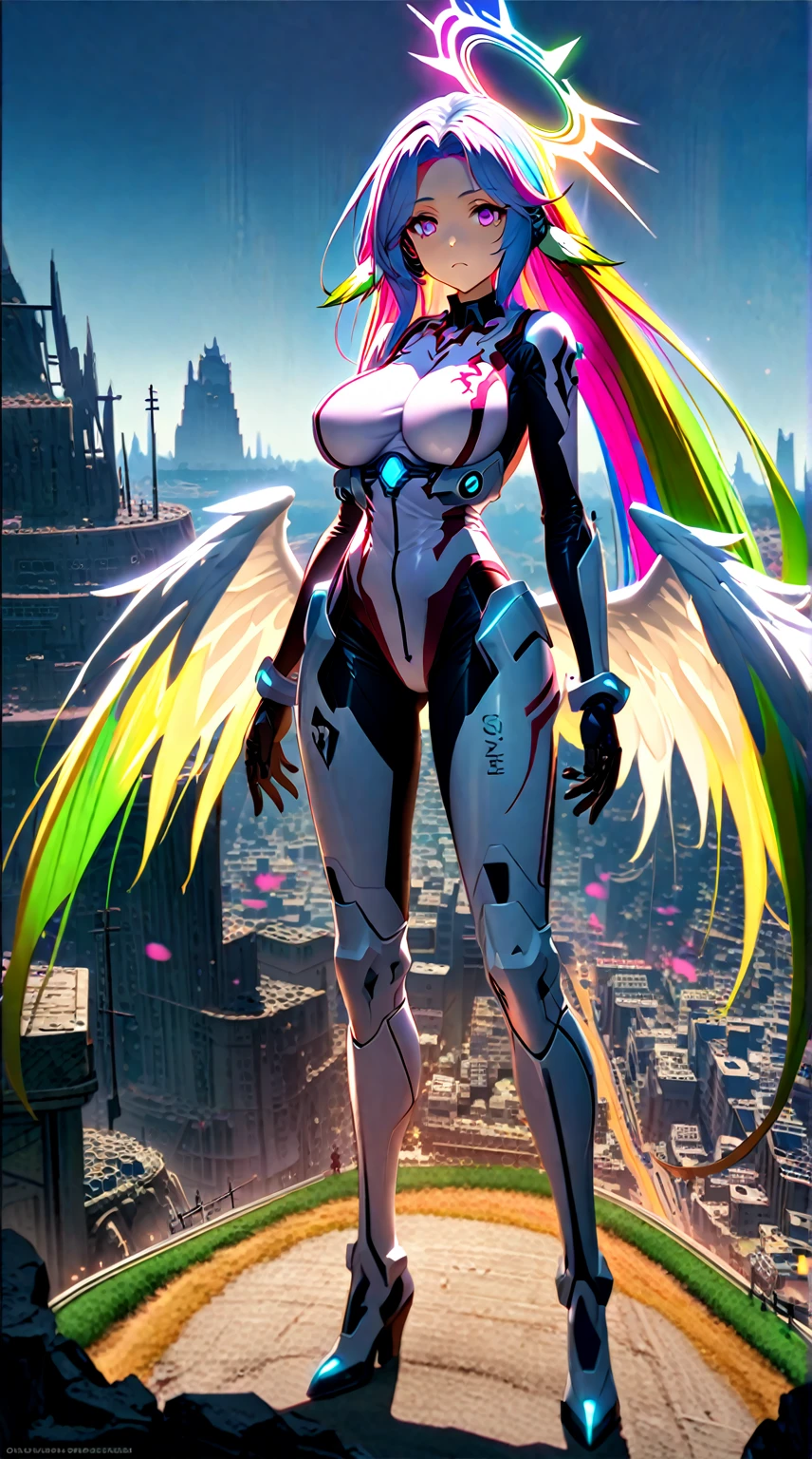 (mechanical ear),(jibril),(big breast:1.5),(big white wing),(glamorous),full body,mechanical bodysuit,(colorful hair),halo,sharp focus,semi-realstic,extremely detailed CG,standing,girl towering over miniature ruined city,giant girl,road,from above,expressionless