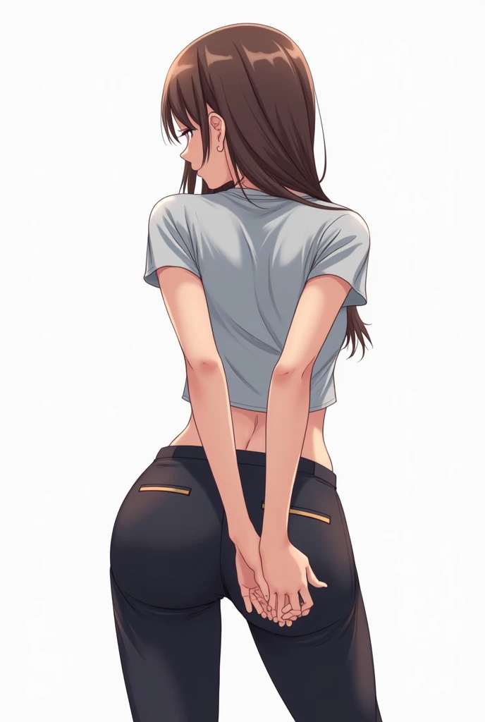 human, ((1girls)), 18 years old, beautiful, ponytail, brown hair, black eyes, black yoga outfit very short, Z cup breasts, tight shirt, ((brown skin)), fair body, 1m78, deserted, ((Takeda Hiromitsu style)), Pov Grab Ass, startle,