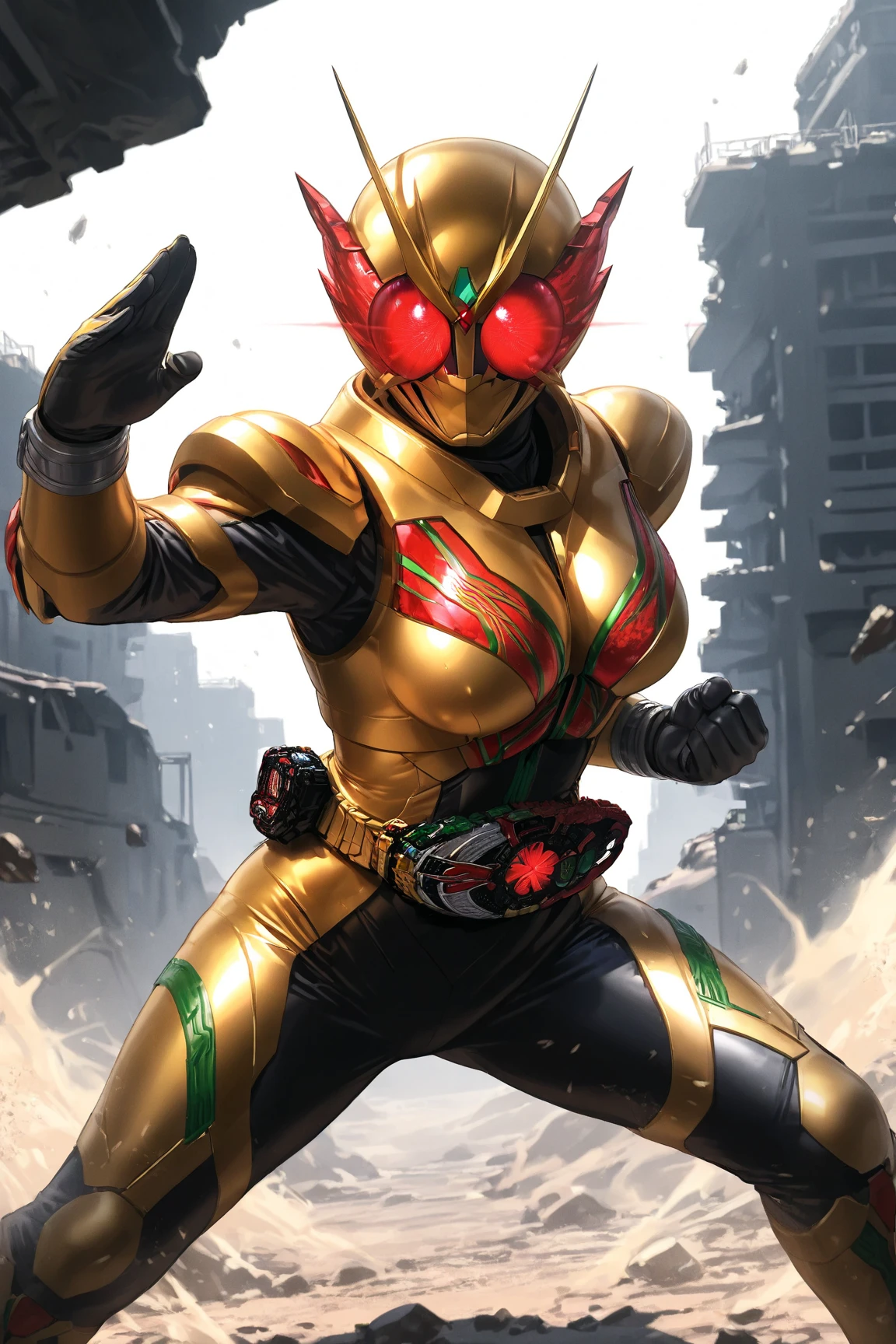 masterpiece , Very high quality , 8k ,[kamen rider] , [gold and red metal suit], Detailed Images , 1girl , ((belt)) , High resolution, beautiful breast , accurate, Anatomically correct, Illustration,Red glowing eyes,Combat pose , Barehanded