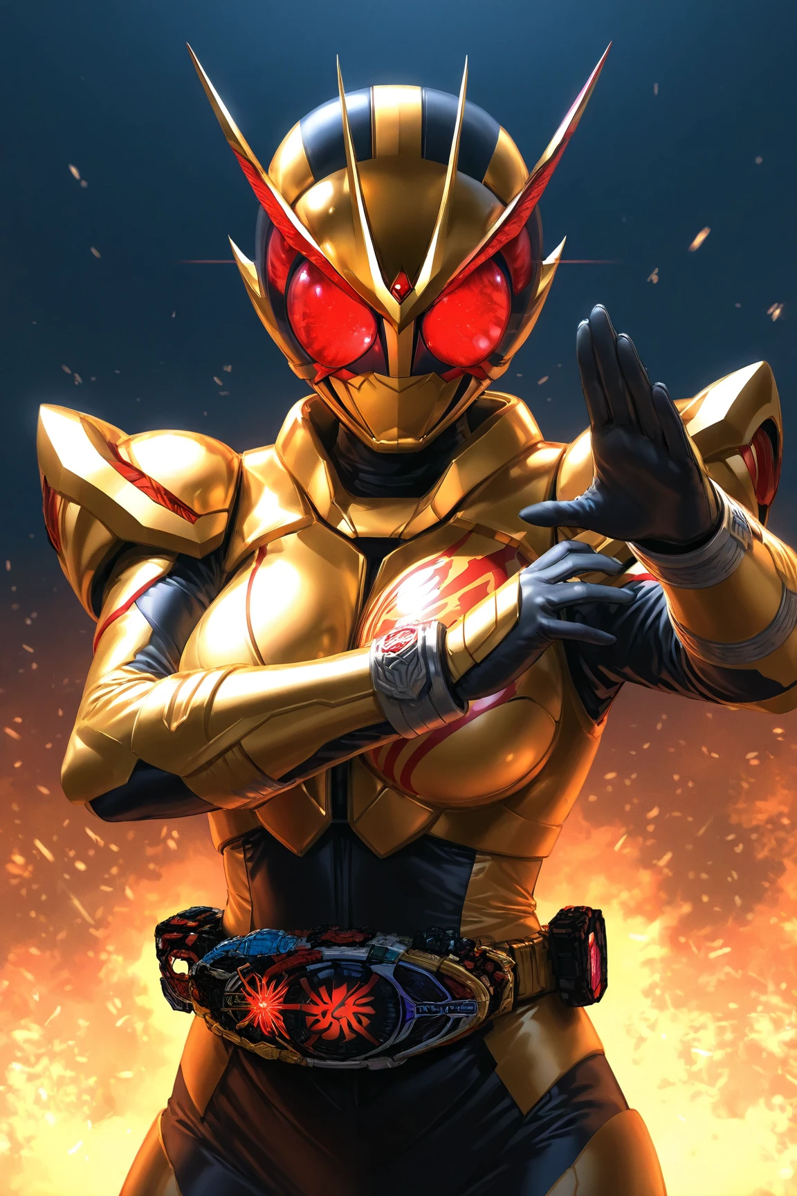 masterpiece , Very high quality , 8k ,[kamen rider] , [gold and red metal suit], Detailed Images , 1girl , ((belt)) , High resolution, beautiful breast , accurate, Anatomically correct, Illustration,Red glowing eyes,Combat pose , Barehanded