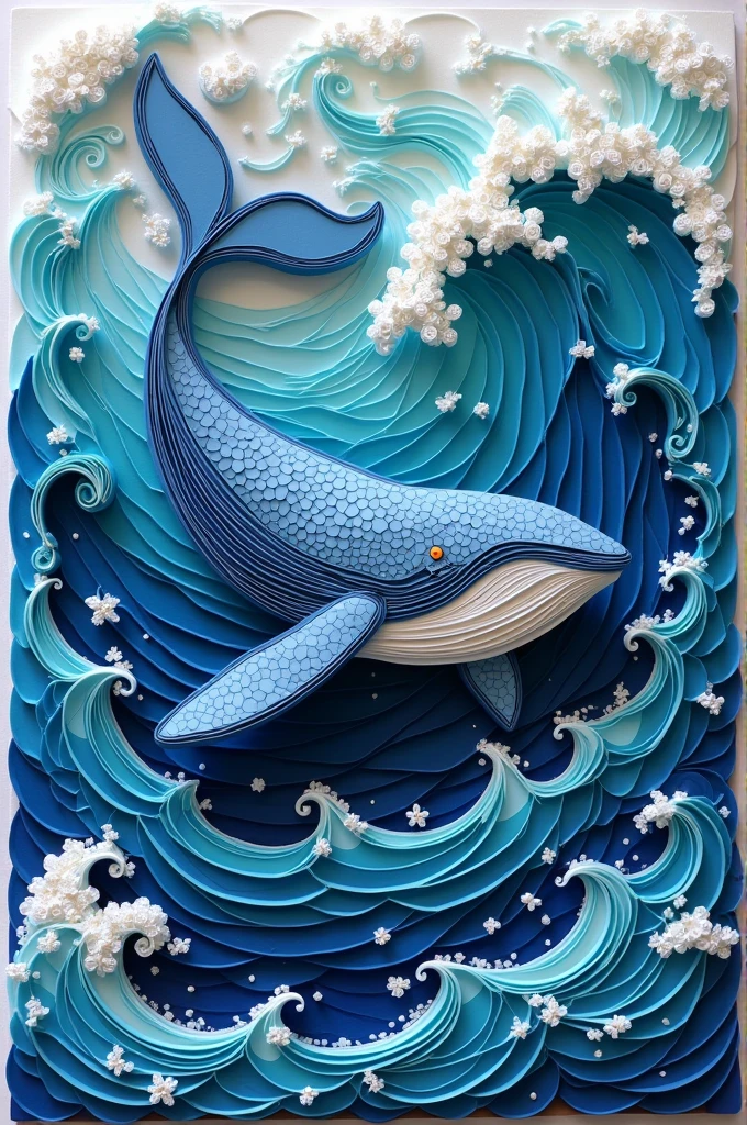 Generate me a quilling art of whale and waves in canvas of 1 foot by 1 foot