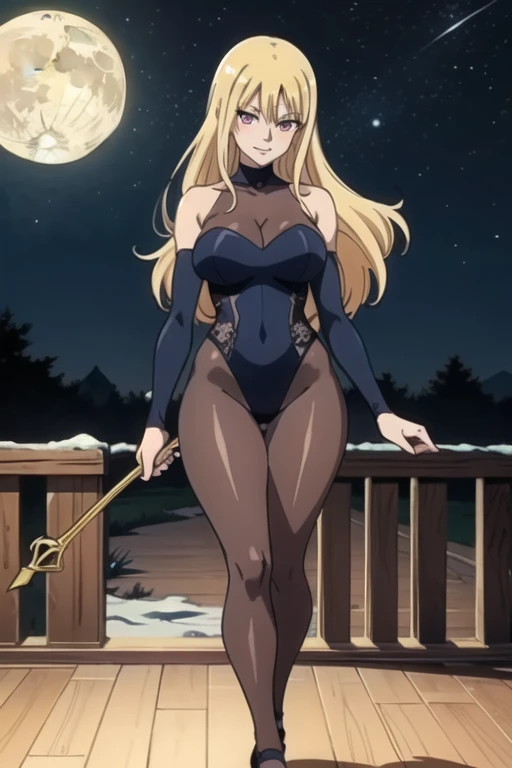 Selene, ftselenecas, long hair, blonde hair, pink eyes, mature female, large breasts, Anime female character,  long blonde hair,  dark purple/navy one-piece leotard with lace trim,  confident pose,  holding golden staff,  full-body shot.  Expression is seductive and playful.  Full-length shot, slightly low-angle perspective.  Full moon shining behind her, starry night sky.  Snowy frosted trees in the background.  Wooden railing,  dark background.  Vibrant,  stylized anime aesthetics.  Detailed,  realistic proportions, anime art style.  Warm lighting accentuates the character.  Smooth,  soft texture on the skin.  Detailed hair and clothes textures.  Eye-catching, stylish design.  Focus on flattering figure.  Anime fantasy art design.  Slightly close-up, smile