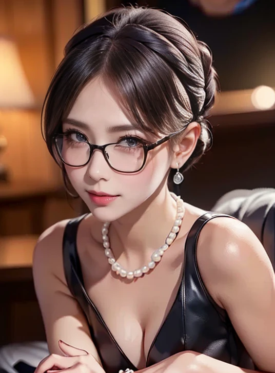 ( an erotic woman)、((On the chest)),(Chignon:1.3),( camera ),(Glare:1.4),( Evil Smiles :1.35)、(Compensate),( mascara)、( Eye Shadow )、( false eyelashes),  Random Accessories 、(Glasses:1.3)、( dynamic pose:1.3),  high definition 、 High Quality 、 Beautiful Figure in Every Detail 、Perfect human body、 Perfect Anatomy, ((Dark blue suit、White silk blouse、Black leather shoes。 pearl necklace and earrings 、Luxury Watches))