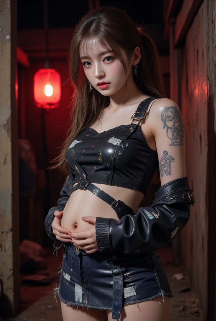 The character costume is KPOP, Hallyu, K-pop anime art style, Hallyu frontline style, Hallyu art style, kpop style, official artwork, Chibi art, Pisif, Blackpink style, cute. KPOP artwork in various poses, The popularity of Pisif art station, 16 year old chibi, No watermark, Extra close-fitting mini skirt, open jacket, extra short clear top Strapless, cleavage, style clothing cyberpunk, smallest short short, wide angle, short top, very short,
