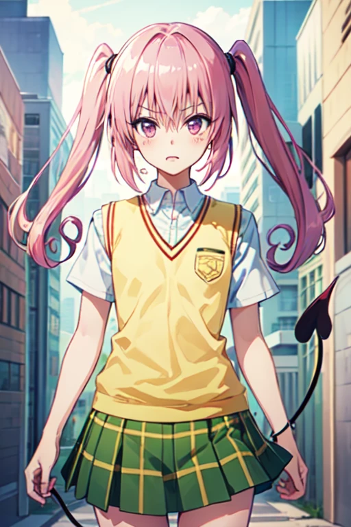  Nana Asta Deviluk, girl、一人の girl、tooth,  long hair,  pink eyes,  pink hair, Tail, demon Tail、twintails,  flat chested,  white shirt,  sweater vest, ( yellow vest :1.1), Short sleeve,  plaid skirt ,  green skirt , Short sleeve, best quality,blush