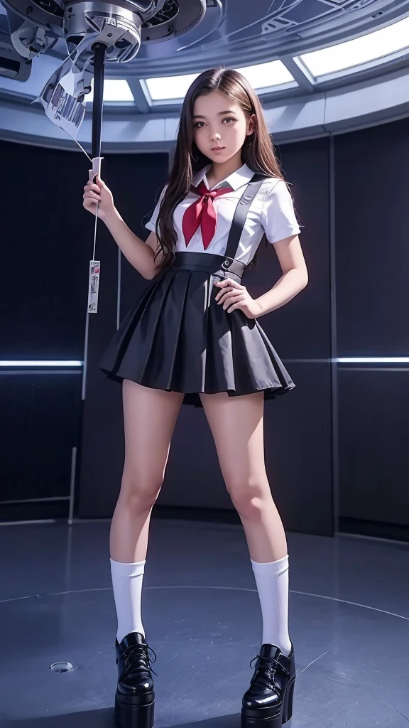 (Masterpiece), best quality, highest quality, very detailed CG uniform 8k wallpaper, detailed and complex, original, high resolution, \\ (16 years old), very detailed _ eyes, nails, sexy, big tits, (eyeliner: 0.5), (blush: 0.5), black hair, long hair, looking at the audience, solo, NSFW, \\ school uniform, white shirt, striped miniskirt, (transparent black pantyhose), black high heels, LV bag, full body, \\classroom, rain, cloudy, \\ Fine and detailed background, depth of field, loli: 0.1, realism: 1.3, (ambient light: 1.3), (film composition: 1.3), (neon: 0.1), (HDR: 1), accent lighting, (pantyshot: 1.2), from below,