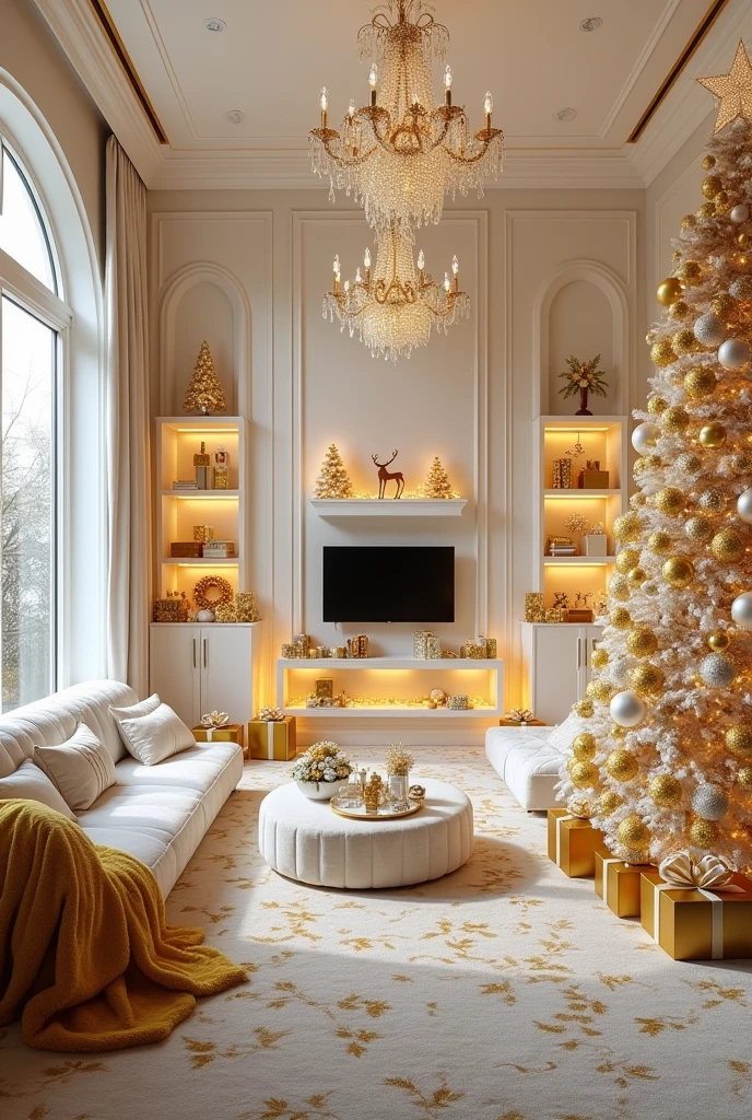 
Prompt:
A luxurious, grand living room with an elegant color scheme of mostly white and gold, decorated for Christmas. The room features high ceilings with large windows allowing natural light to pour in, illuminating the space. The walls are painted in a soft, rich white tone with gold accents around the trim and moldings. The floor is covered with a plush, light beige carpet with intricate gold patterns. In the center of the room, there is a large, white, furry sofa with plush cushions, adorned with golden embroidery. A golden furry mattress, soft and inviting, sits nearby, with an elegant throw blanket draped across it in golden hues.

In front of the sofa, there’s a stylish, modern TV mounted on the wall, surrounded by sleek white and gold shelving units that hold decorative items, vases, and subtle Christmas ornaments. The lighting in the room is soft and ambient, with crystal chandeliers hanging from the ceiling, their golden details sparkling.

A grand Christmas tree stands tall in one corner of the room, adorned with shimmering gold and white baubles, golden ribbons, and twinkling fairy lights. The tree’s base is surrounded by gold-wrapped presents, further adding to the festive atmosphere. Twinkling Christmas lights are draped elegantly across the windows, along the railings, and around the room, casting a soft, warm glow.

Additional decorations include a variety of gold and white ornaments, such as candleholders, reindeer figurines, and intricate wreaths hanging on the walls. A golden-framed mirror above the mantel reflects the soft light from the candles burning in gold holders on the mantelpiece, which is adorned with pine branches and small ornaments. Elegant, gold-patterned curtains frame the windows, creating a cohesive luxurious look.

There are several decorative gold and white pillows scattered across the sofa and mattress, enhancing the comfort and elegance of the space.The entire room exudes a feeling of opulence, warmth, and holiday cheer