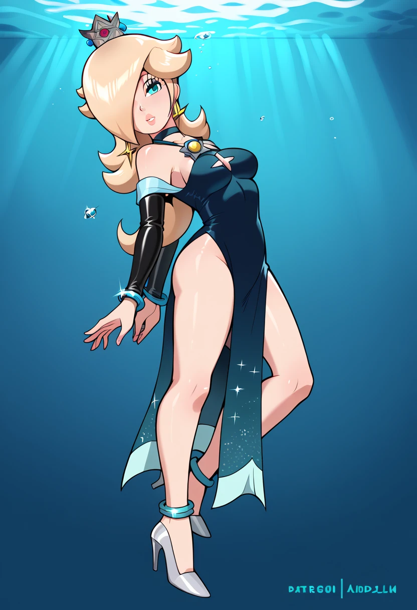 score_9, score_8_up, score_7_up, 1girl, WossaRem Style, (Rosalina, from super mario lore, RslnSND, hair over one eye, crown, dark blue dress, bare shoulders, side slit, bracelet, clothing cutout, choker, cleavage cutout, pelvic curtain, high heels, full body, hotel lobby, shiny dress ) flirt, gaze, sexy look, half-closed eyes, head tilt, makeup, (full bodies in view) underwater, underwater drown, Bondage belt, belt tie, expressiveh d4rk01l, perfect hands, perfect proportions, simple background. standing,  belt bondage, bound arms, arms behind back, legs apart, tight mask, black mask, (armbinder tied), (armbinder: 1.2), (((lean the chest backwards, side view))), (((head leaning backward))), ((complete body side view)), ((stretched legs)), ((shaft head tilt pose)), ((head leaning back)), (head  side view), 