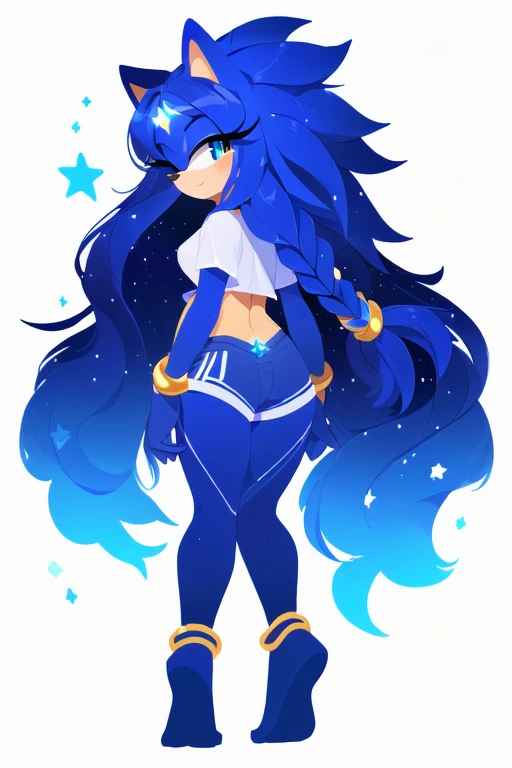 Sonic oc, Mobian, female, Cosmic hedgehog, A beautiful light blue hedgehog, purplish blue eyes, very long hair/quills, braided and beaded long hair bangs, long streaks of hair on each side of her face, (star constellation on hair, beads on hair, smooth fur, slim thick hourglass body, slim fit, white cropped shirt, blue shorts, ankle bracelet on both legs, no footwear, star marks on legs glowing, flowing hair, beaded hair, back view 