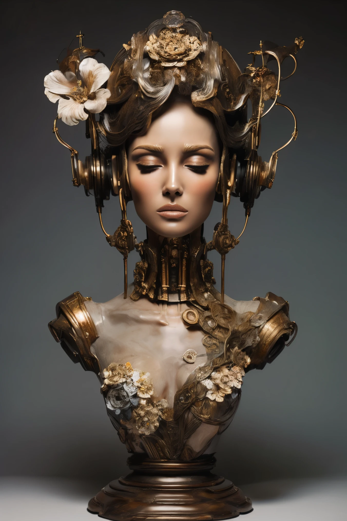 (masterpeace), ((super real photography: 1.5)), ((photo realistic: 1.3)), (real photo),
A Japanese girl with a lot of flowers, ((A young girl robot: 1.5)), (bust statue),
BREAK
headgear, ((real clear skin)), ((beautiful face: 1.5)), ((Super cute: 1.5)), (kawaii: 1.5), ((well-balanced face)), (close eyes: 1.3)), longeyelashes, stunning big eyes, luscious glossy lips, ((blunt bangs)),
BREAK
(slender body: 1.3), petite bust, flower bloom, (flowers: 1.5),
BREAK
High-Mechanic body, octane rendering, Super Detailed machine, ((connected electric cables)),
BREAK
(simple background: 1.3), ((bust shot: 1.3)), cinema quality, professional photograph, (photo studio: 1.5), (Bright Light: 1.2), Eye-Level Shot, wide lens, (fujifilm 35mm), (film photo), RAW, Excessive Embellishment, UHD,
BREAK
anatomically correct, textured skin, best quality, 8k