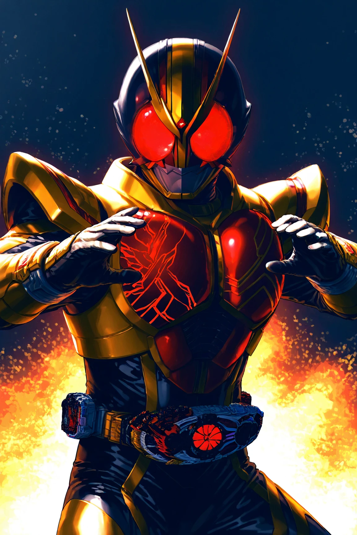 score_9_up,score_8_up,score_7_up,masterpiece , Very high quality , 8k ,[kamen rider] , [gold and red metal suit], Detailed Images , 1guy , ((belt)) , High resolution, beautiful breast , accurate, Anatomically correct, Illustration,Red glowing eyes,Combat pose , Barehanded