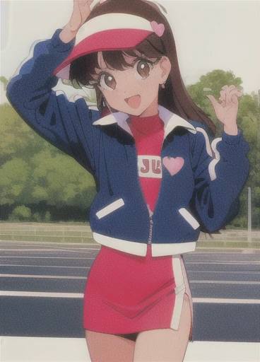 Asusdol,  1 girl, Alone,  visor cap, heart,  hair ornament,  jacket,  dress, open mouth, 1990s ( style for stilets), looking at viewer, smile,  outdoor, null,  Cowboy Shot ,  clevis cut out,  race queen 