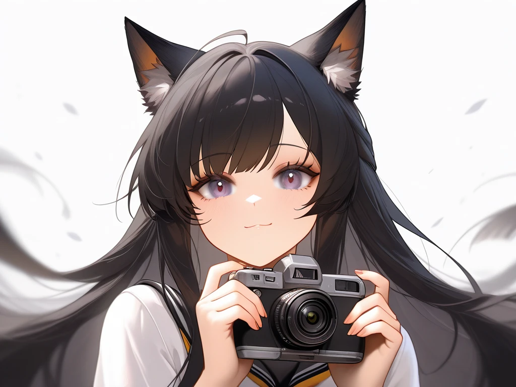 Anime girl with long black hair and cat ears holding a camera,  Azur Lane Style ,  Arknights, Characters from Azur Lane, From the Azur Lane game, ArtStation、 trending on pixiv ,  Detailed Anime Key Visual ,  BEAUTIFUL ANIME CAT GIRL  , Very beautiful anime cat girl, zerochan Art, arknights,  pixib 3DCG 